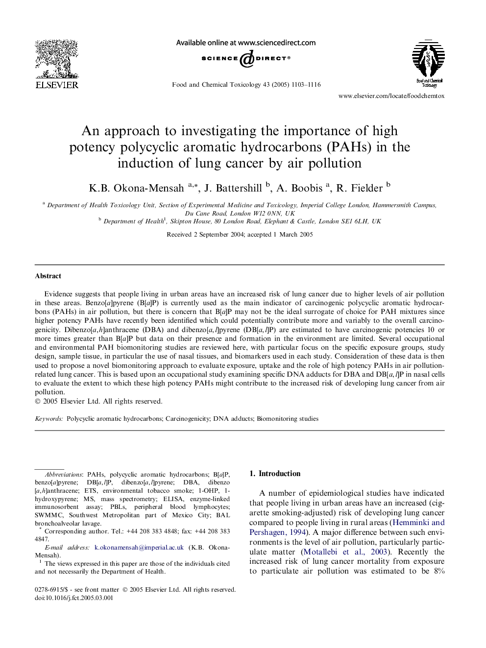 An approach to investigating the importance of high potency polycyclic aromatic hydrocarbons (PAHs) in the induction of lung cancer by air pollution