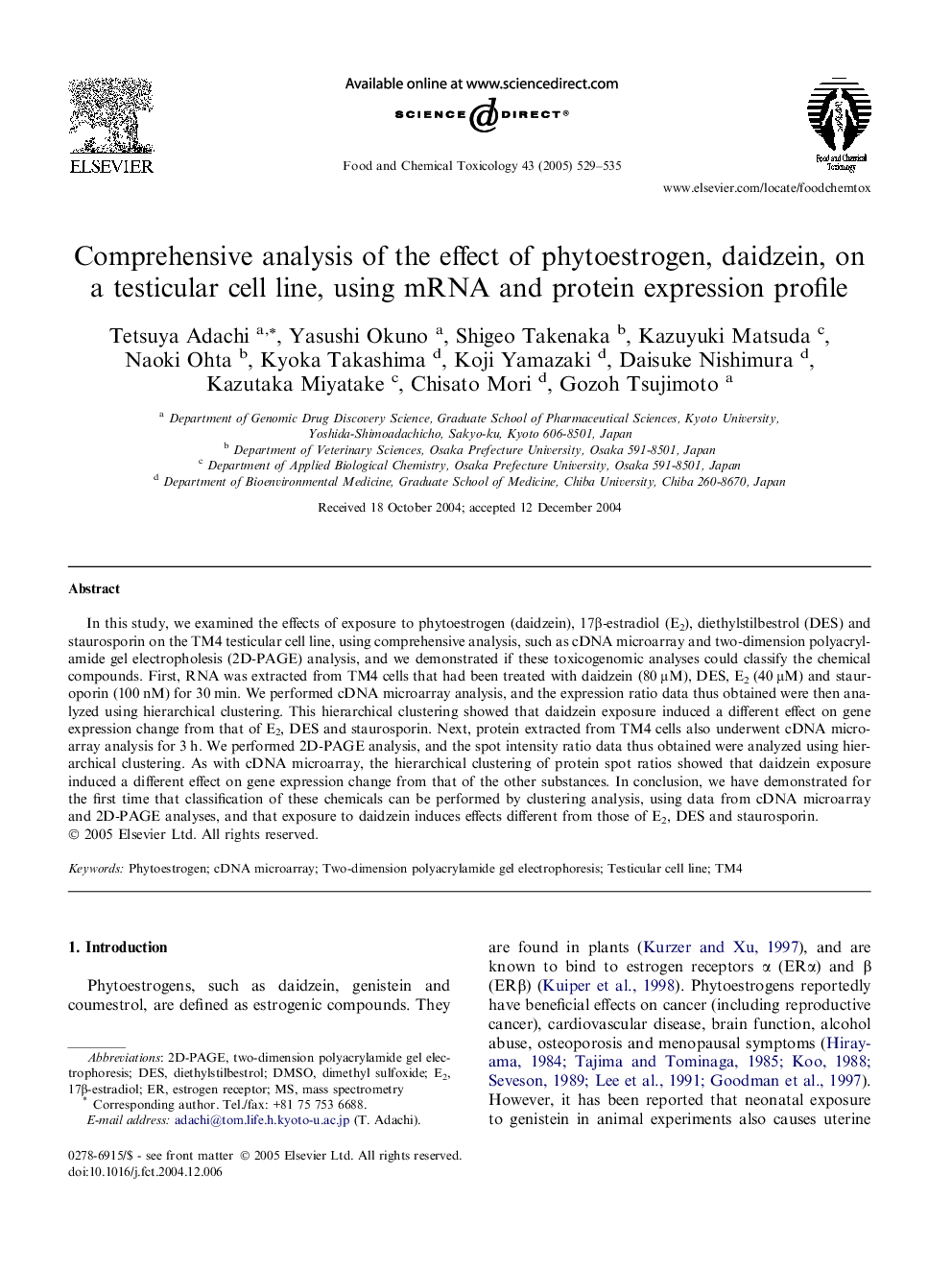 Comprehensive analysis of the effect of phytoestrogen, daidzein, on a testicular cell line, using mRNA and protein expression profile