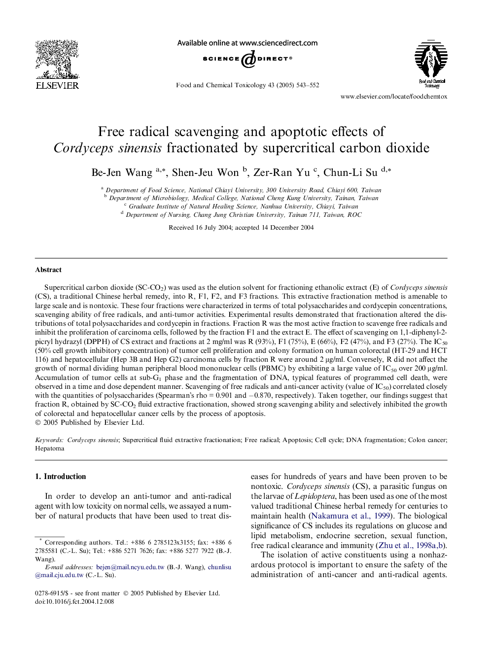 Free radical scavenging and apoptotic effects of Cordyceps sinensis fractionated by supercritical carbon dioxide