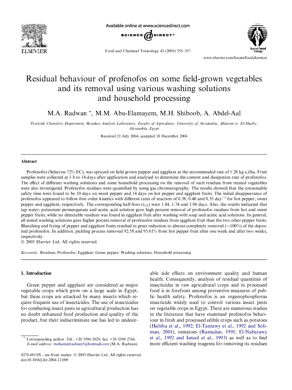 Residual behaviour of profenofos on some field-grown vegetables and its removal using various washing solutions and household processing