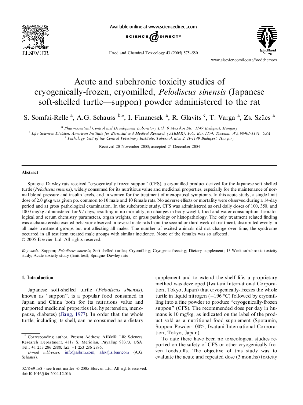 Acute and subchronic toxicity studies of cryogenically-frozen, cryomilled, Pelodiscus sinensis (Japanese soft-shelled turtle-suppon) powder administered to the rat