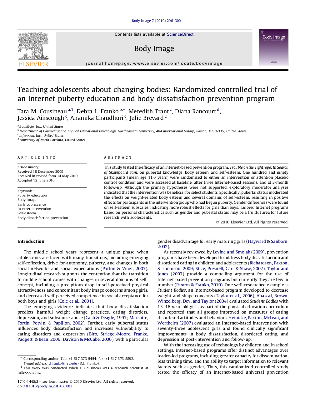 Teaching adolescents about changing bodies: Randomized controlled trial of an Internet puberty education and body dissatisfaction prevention program