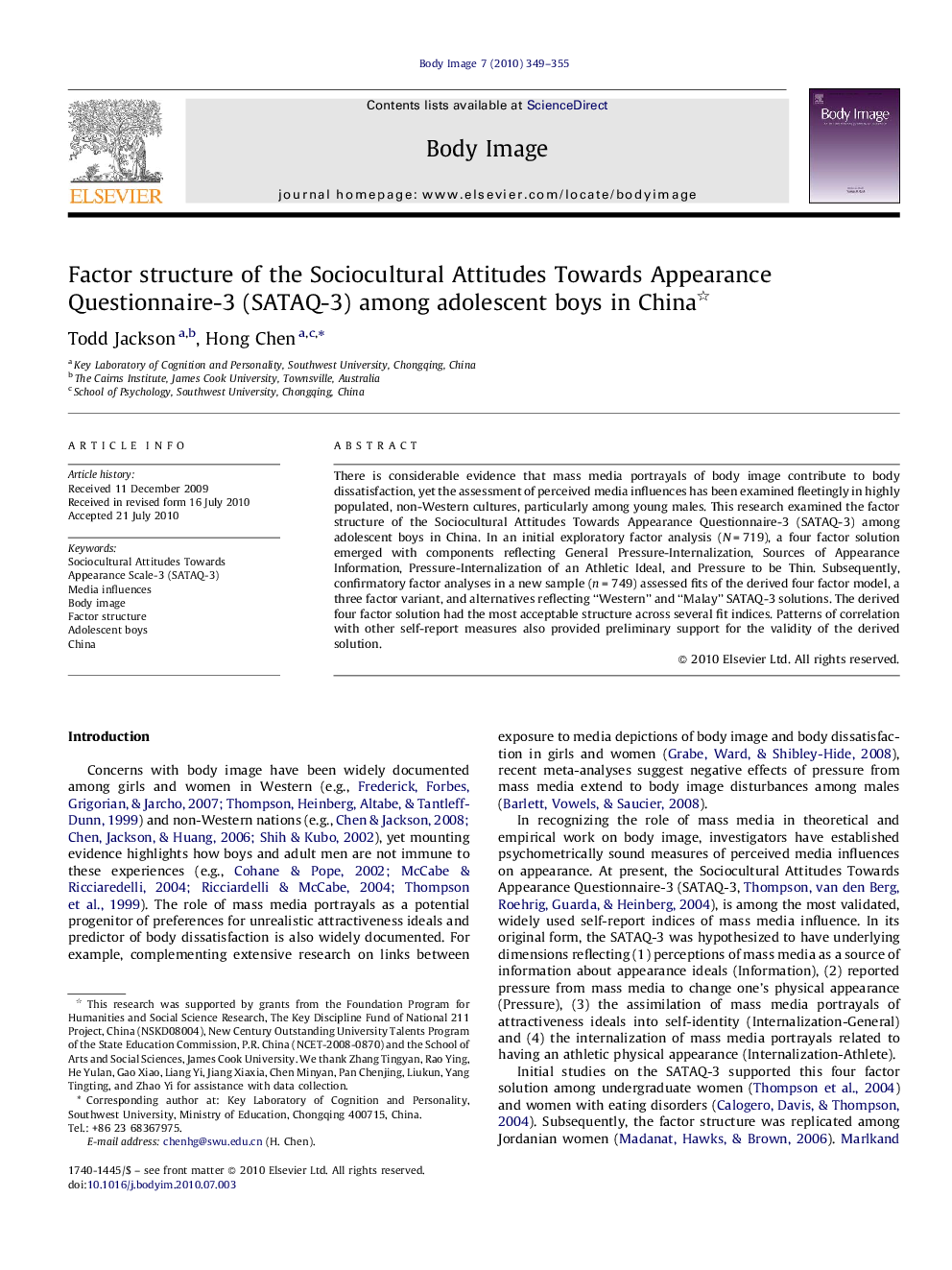 Factor structure of the Sociocultural Attitudes Towards Appearance Questionnaire-3 (SATAQ-3) among adolescent boys in China 