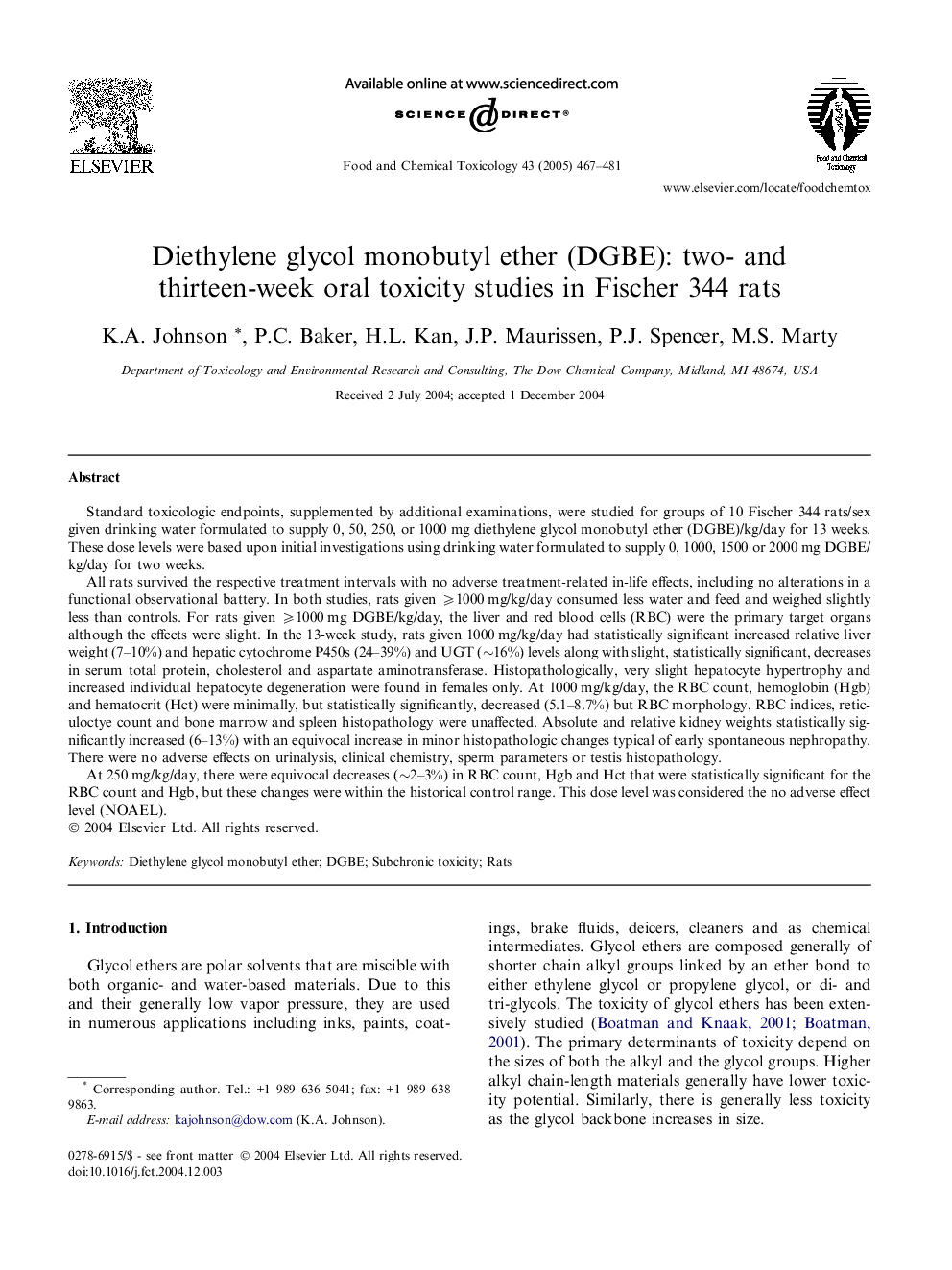 Diethylene glycol monobutyl ether (DGBE): two- and thirteen-week oral toxicity studies in Fischer 344 rats