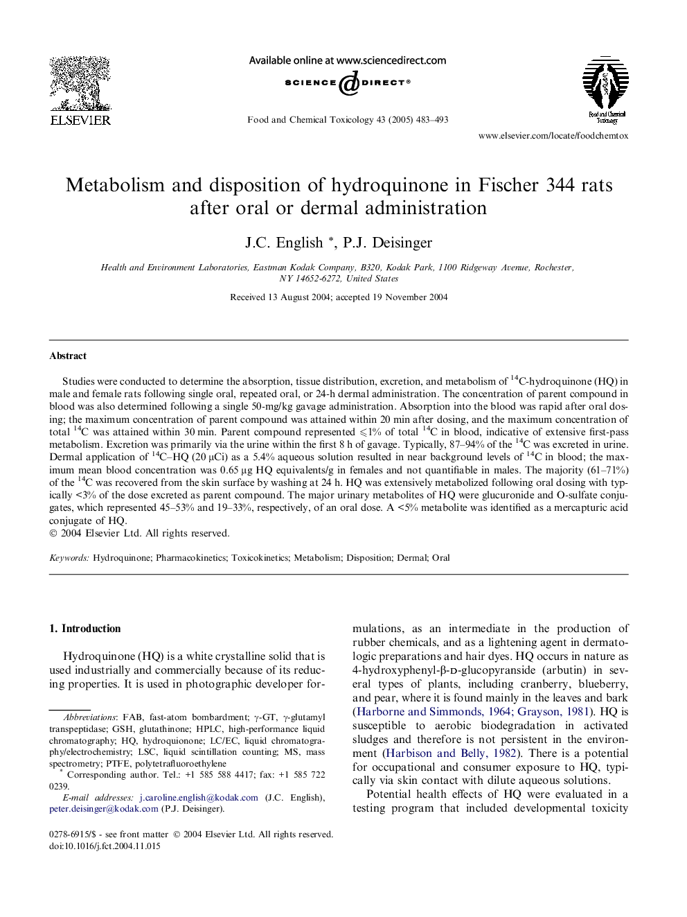 Metabolism and disposition of hydroquinone in Fischer 344 rats after oral or dermal administration