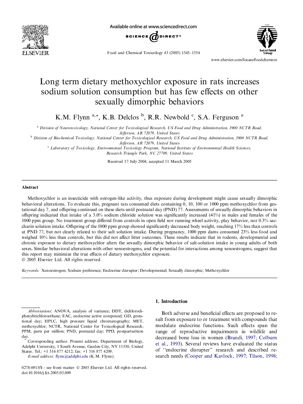 Long term dietary methoxychlor exposure in rats increases sodium solution consumption but has few effects on other sexually dimorphic behaviors