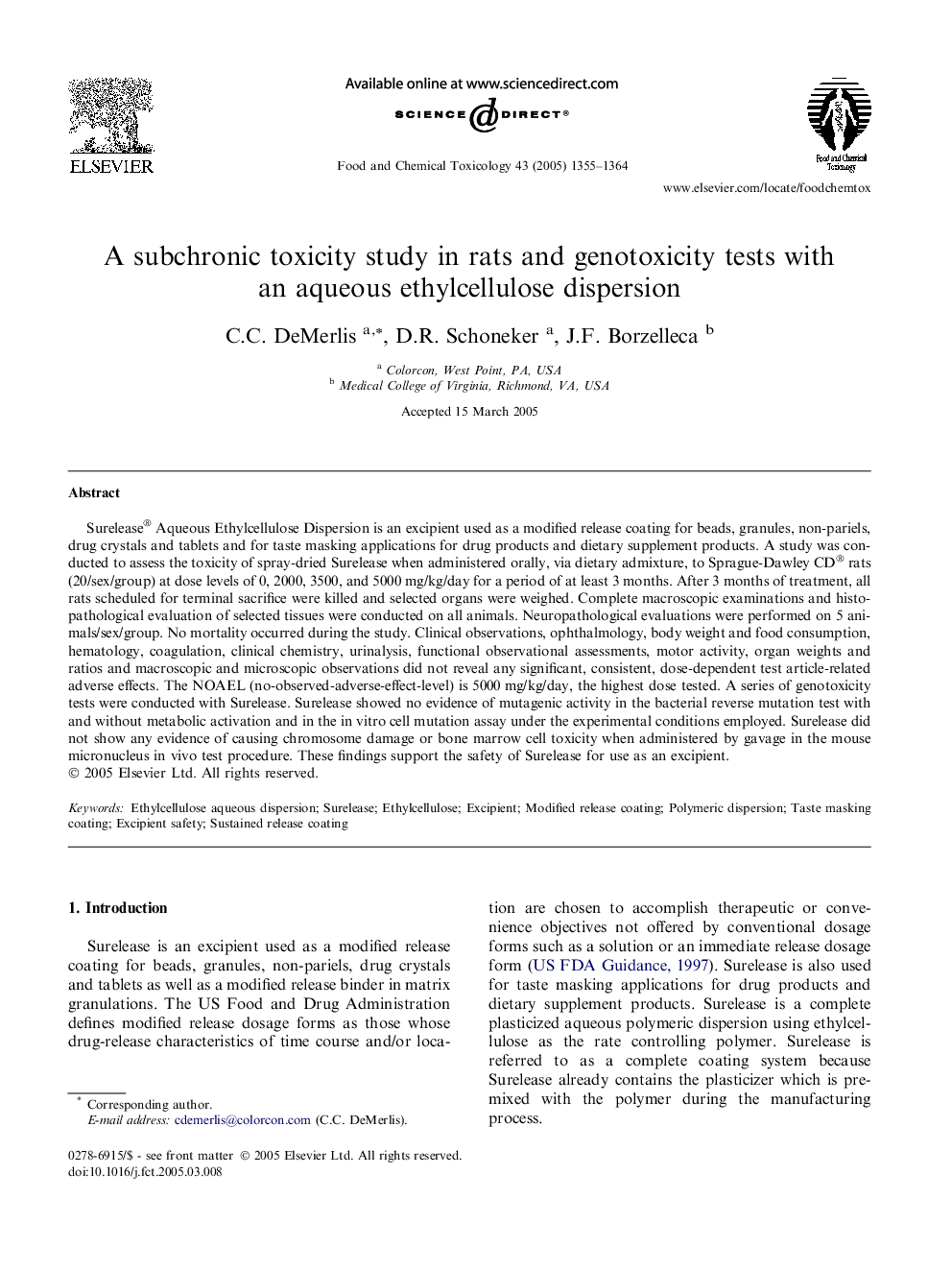 A subchronic toxicity study in rats and genotoxicity tests with an aqueous ethylcellulose dispersion