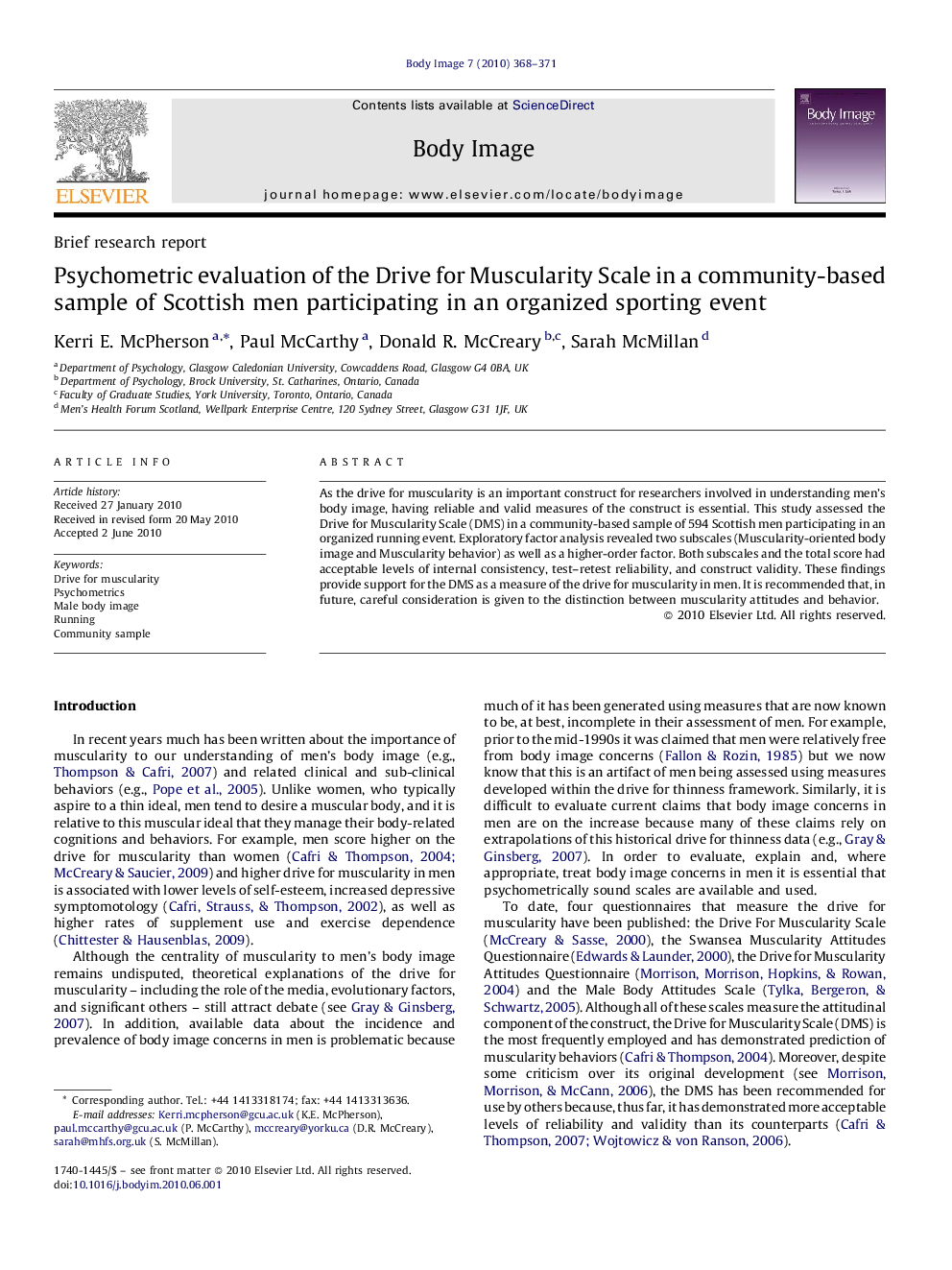 Psychometric evaluation of the Drive for Muscularity Scale in a community-based sample of Scottish men participating in an organized sporting event