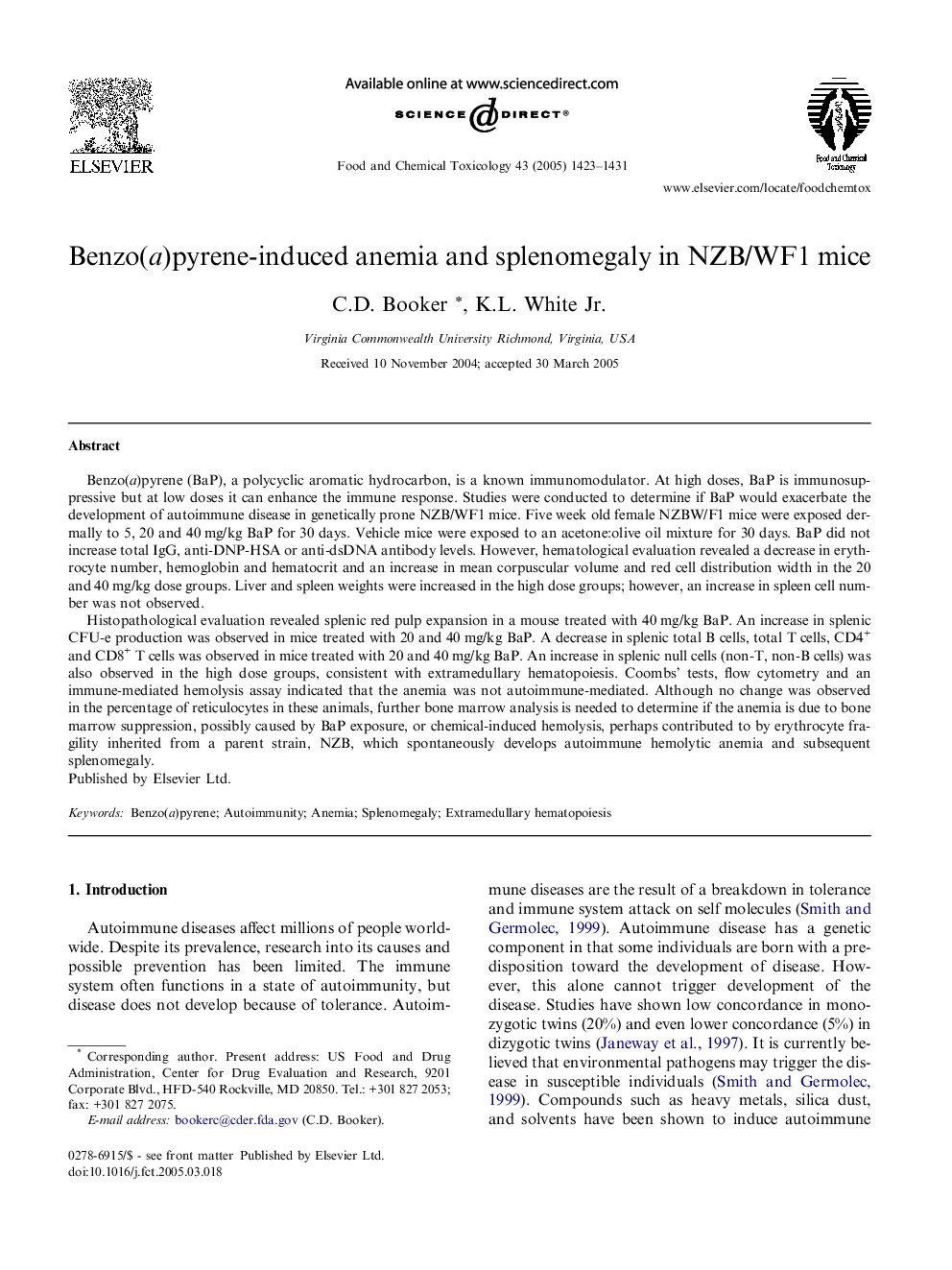 Benzo(a)pyrene-induced anemia and splenomegaly in NZB/WF1 mice