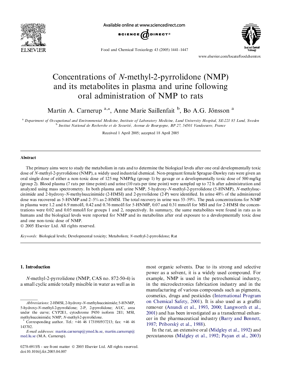 Concentrations of N-methyl-2-pyrrolidone (NMP) and its metabolites in plasma and urine following oral administration of NMP to rats