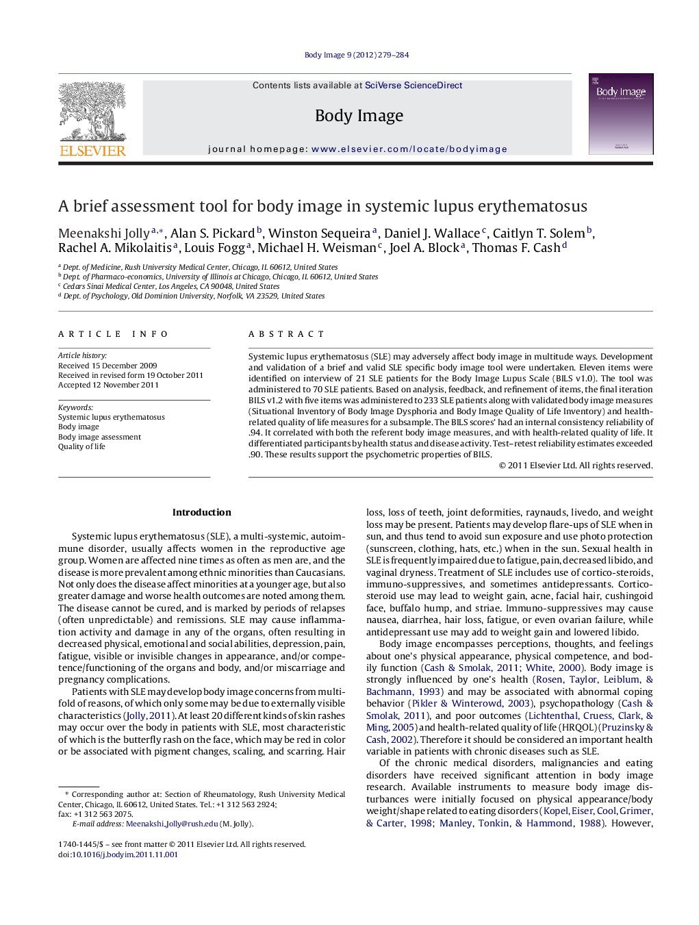 A brief assessment tool for body image in systemic lupus erythematosus