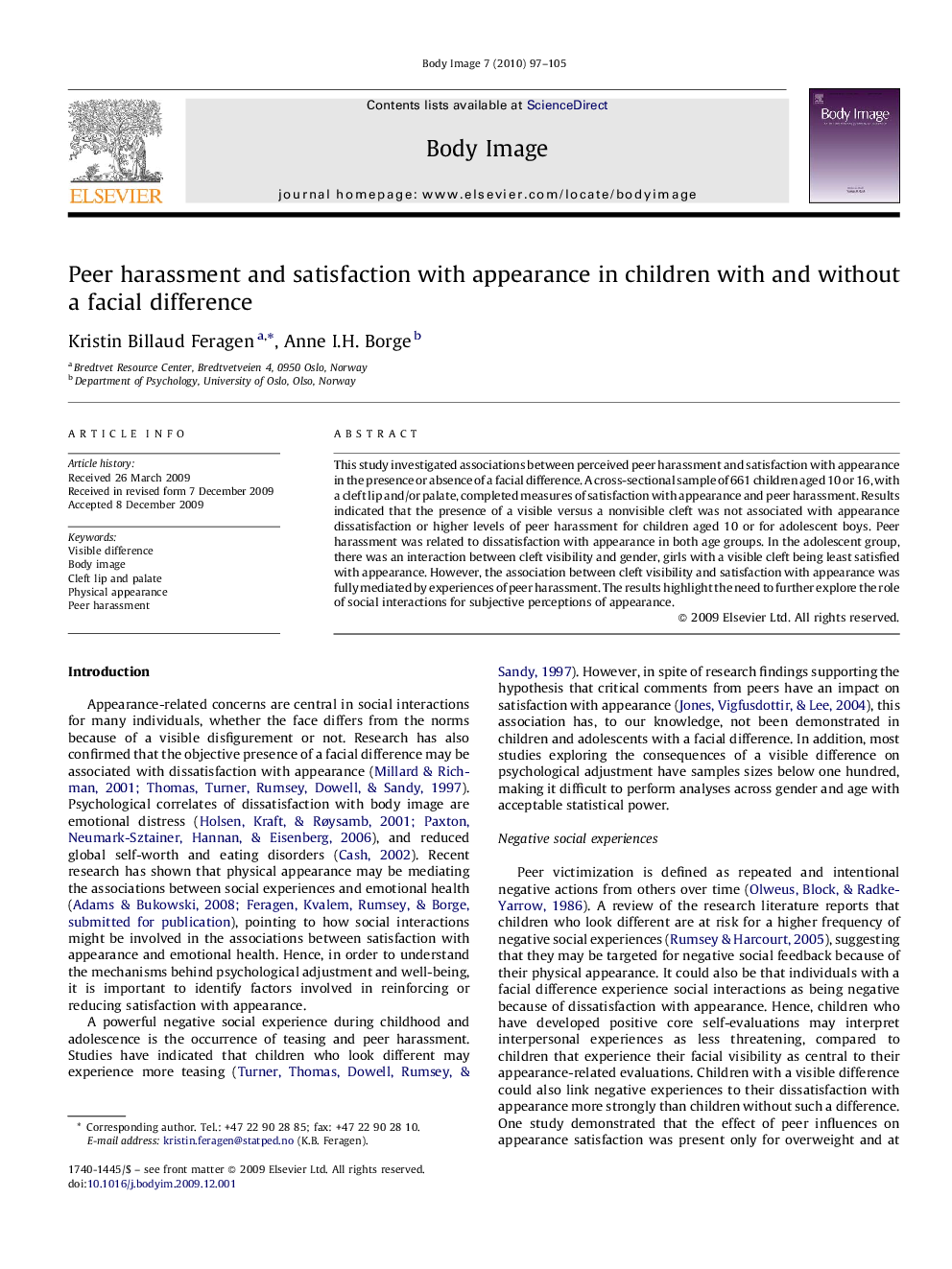 Peer harassment and satisfaction with appearance in children with and without a facial difference