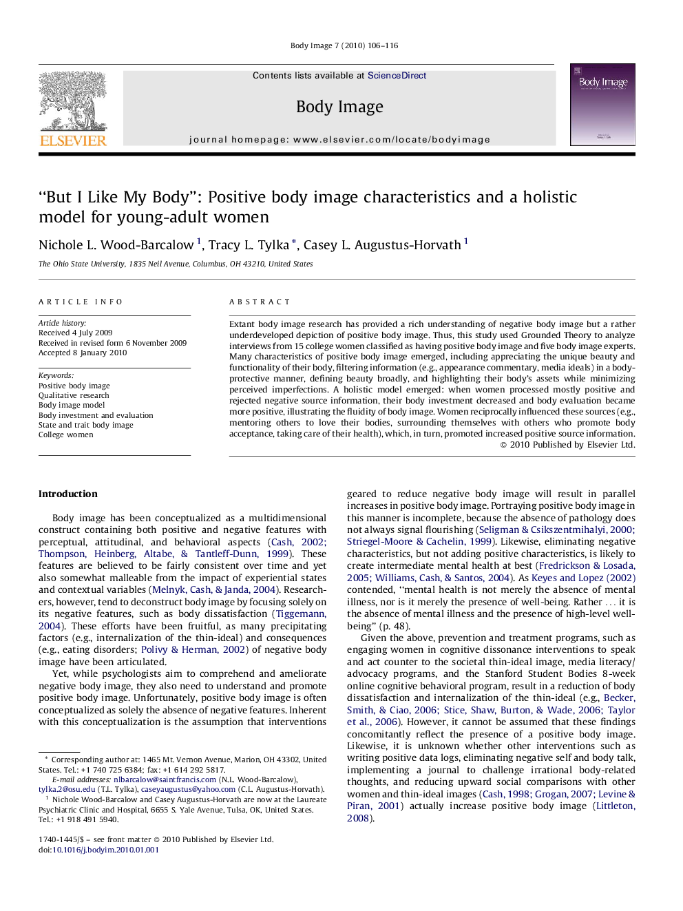 “But I Like My Body”: Positive body image characteristics and a holistic model for young-adult women