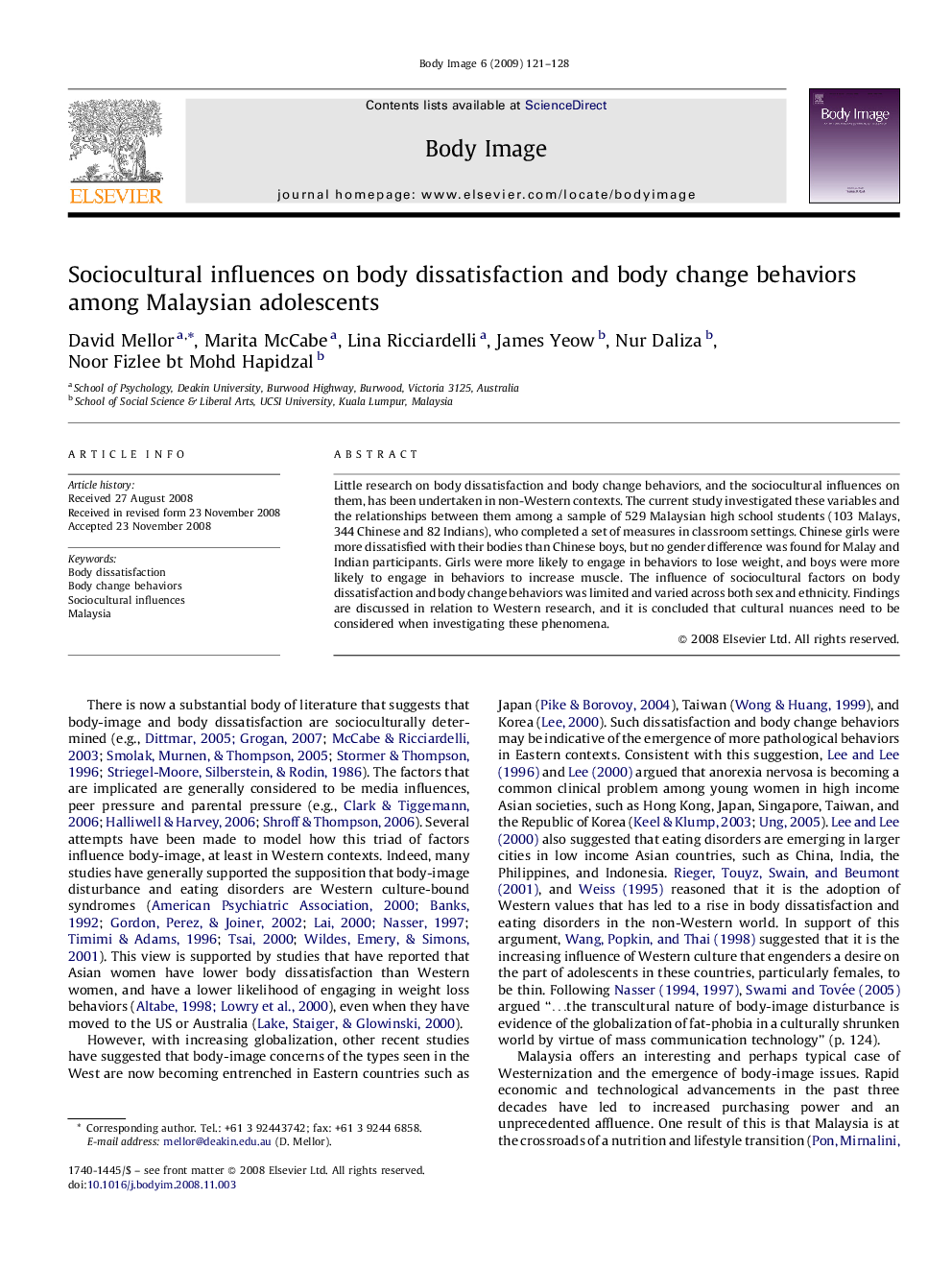 Sociocultural influences on body dissatisfaction and body change behaviors among Malaysian adolescents