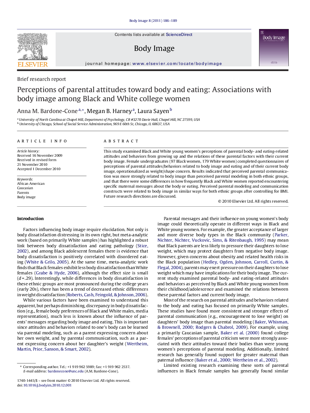 Perceptions of parental attitudes toward body and eating: Associations with body image among Black and White college women