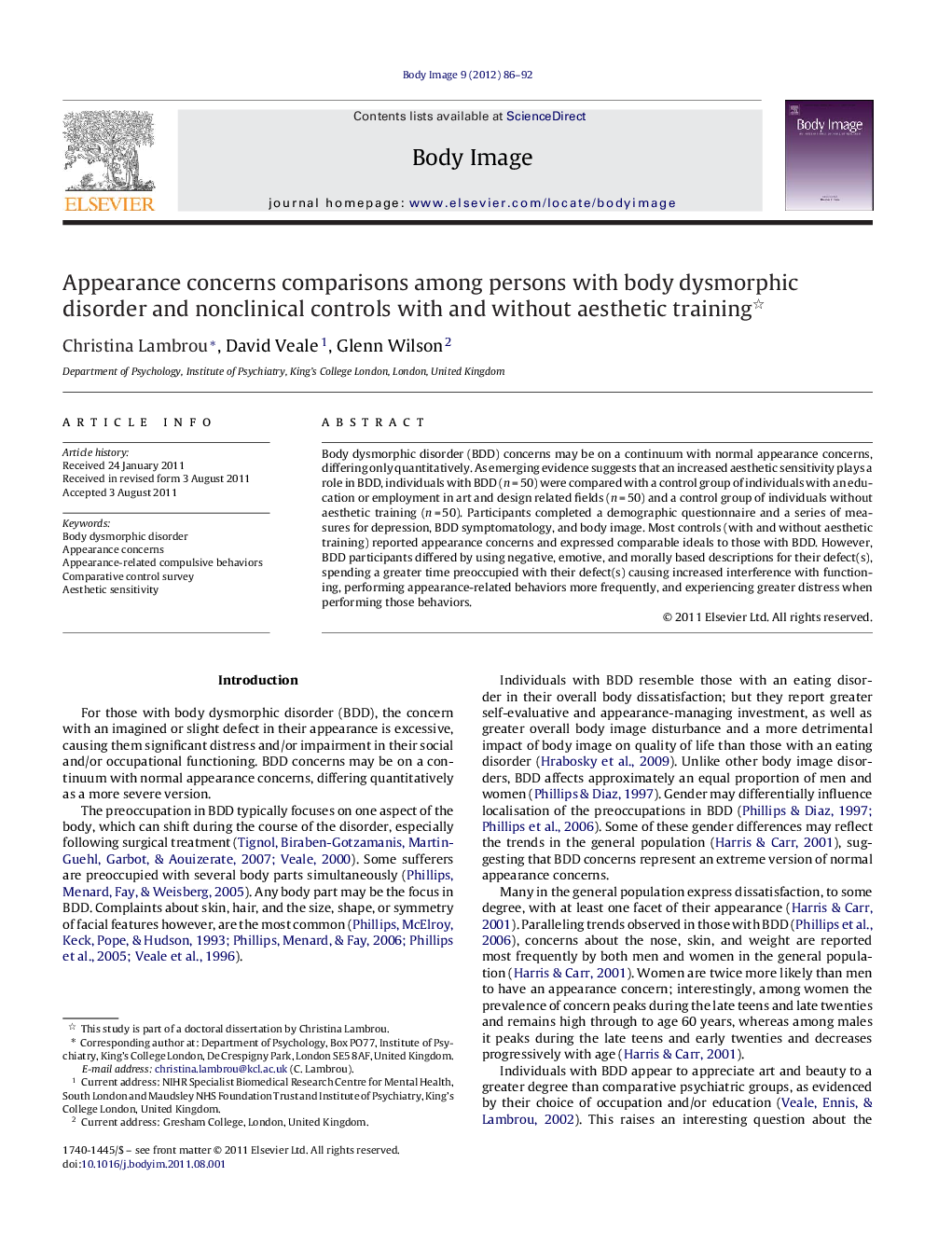 Appearance concerns comparisons among persons with body dysmorphic disorder and nonclinical controls with and without aesthetic training 