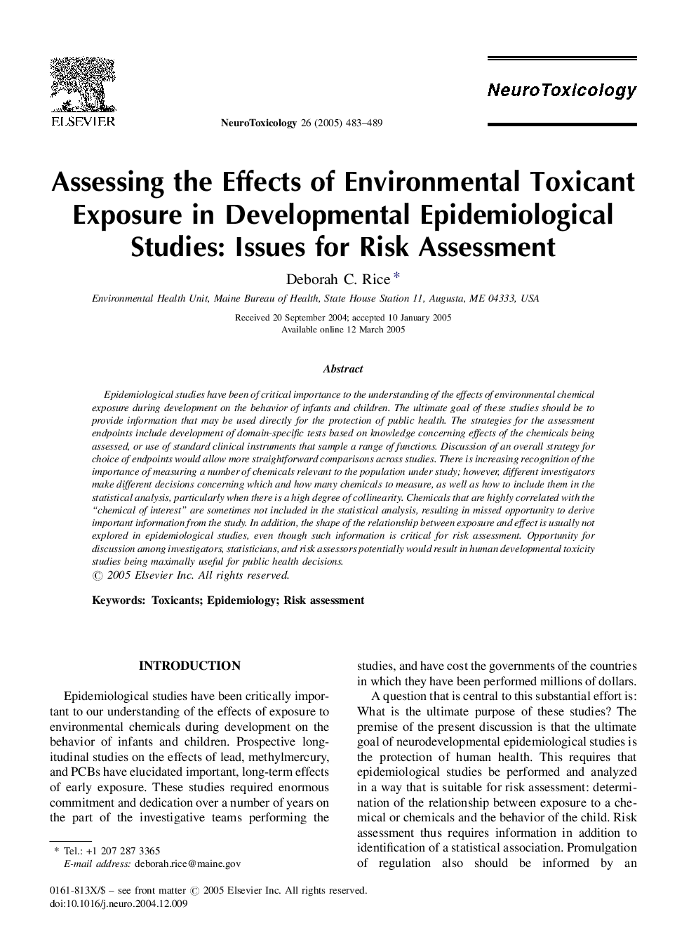 Assessing the Effects of Environmental Toxicant Exposure in Developmental Epidemiological Studies: Issues for Risk Assessment