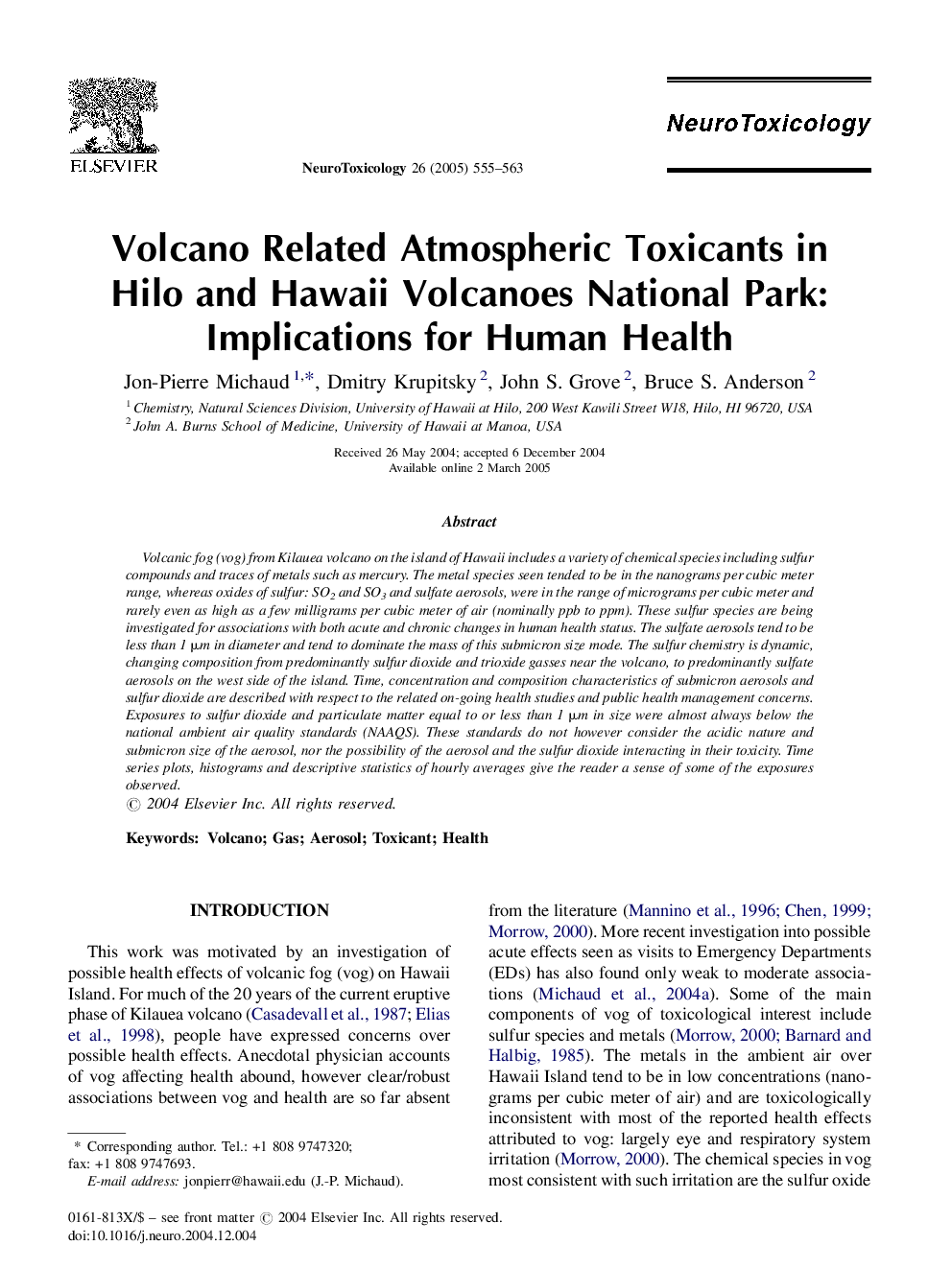 Volcano Related Atmospheric Toxicants in Hilo and Hawaii Volcanoes National Park: Implications for Human Health