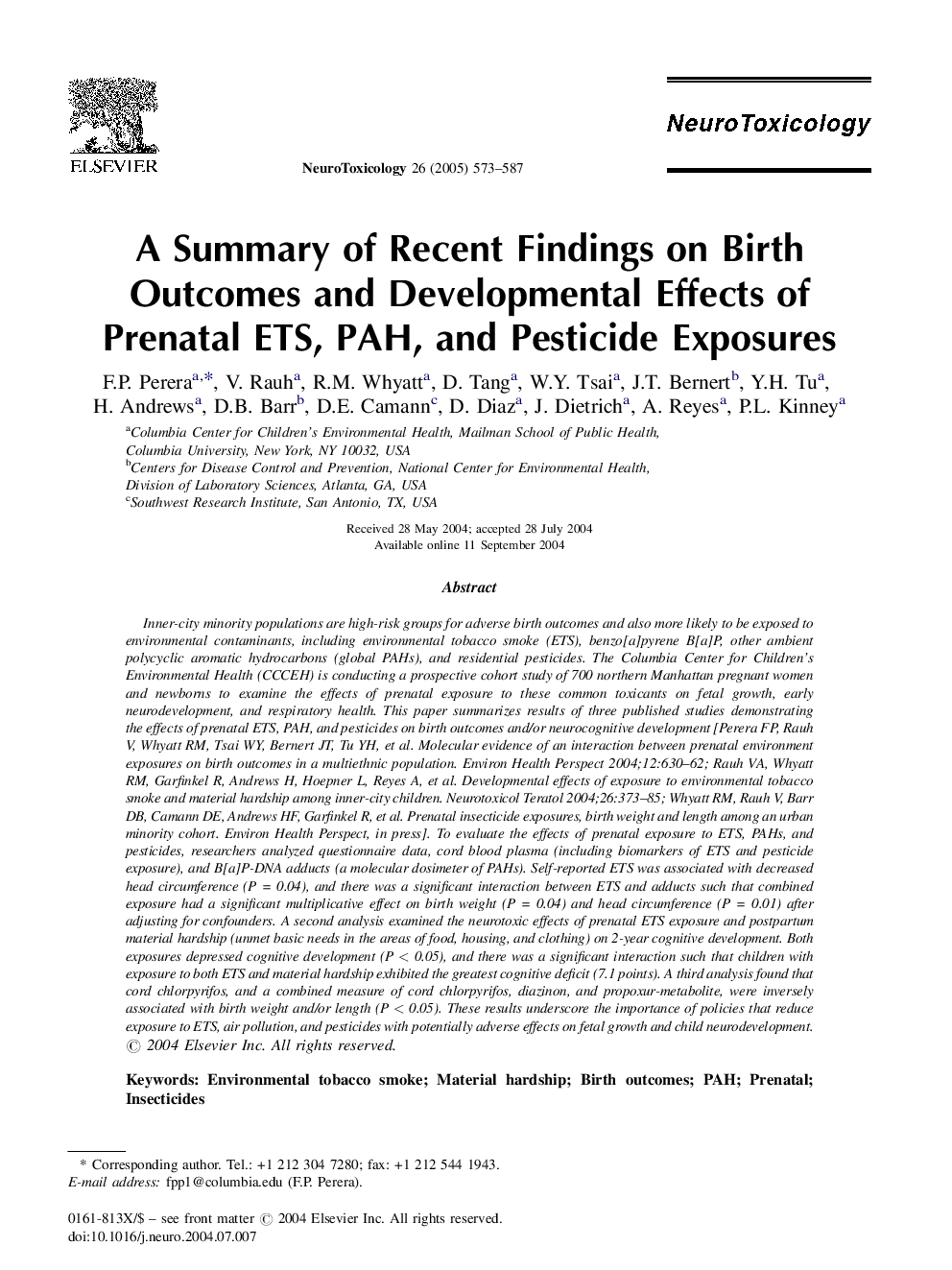 A Summary of Recent Findings on Birth Outcomes and Developmental Effects of Prenatal ETS, PAH, and Pesticide Exposures