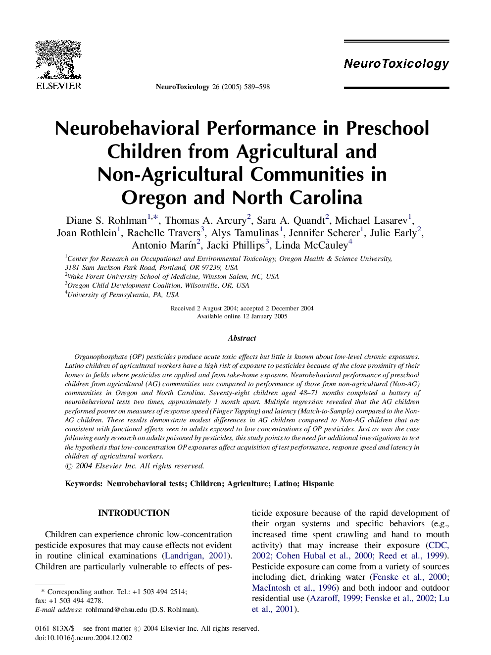 Neurobehavioral Performance in Preschool Children from Agricultural and Non-Agricultural Communities in Oregon and North Carolina