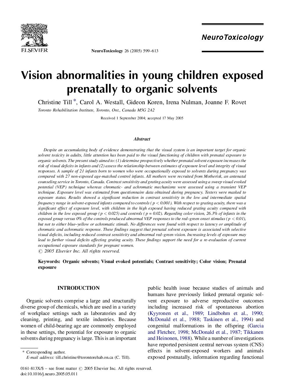 Vision abnormalities in young children exposed prenatally to organic solvents