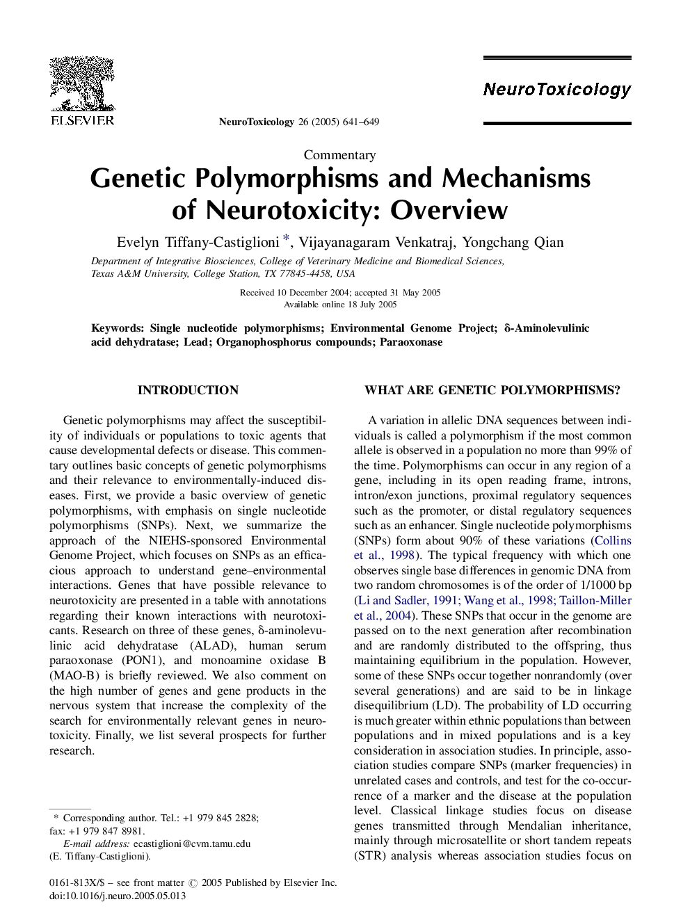 Genetic Polymorphisms and Mechanisms of Neurotoxicity: Overview
