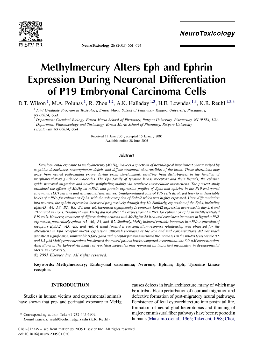 Methylmercury Alters Eph and Ephrin Expression During Neuronal Differentiation of P19 Embryonal Carcinoma Cells