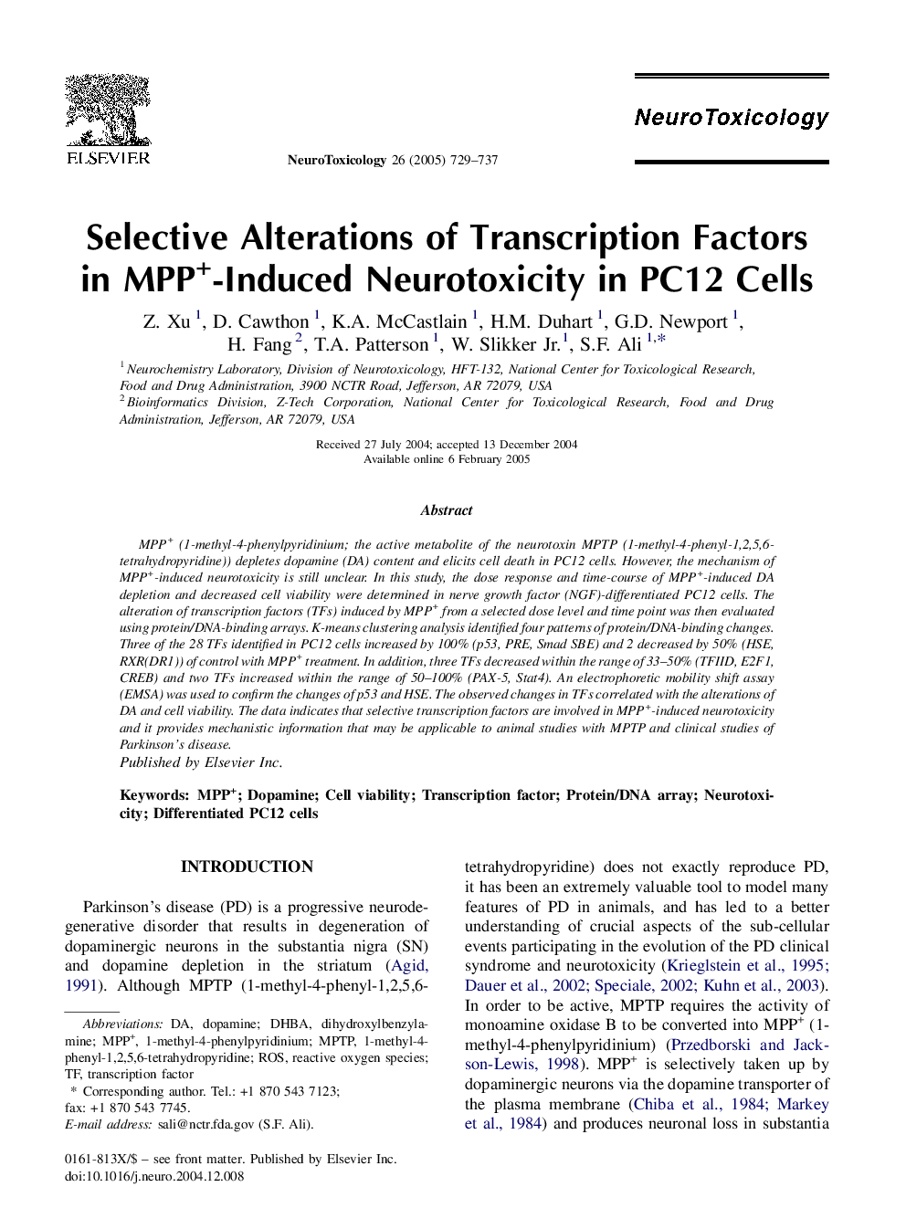 Selective Alterations of Transcription Factors in MPP+-Induced Neurotoxicity in PC12 Cells