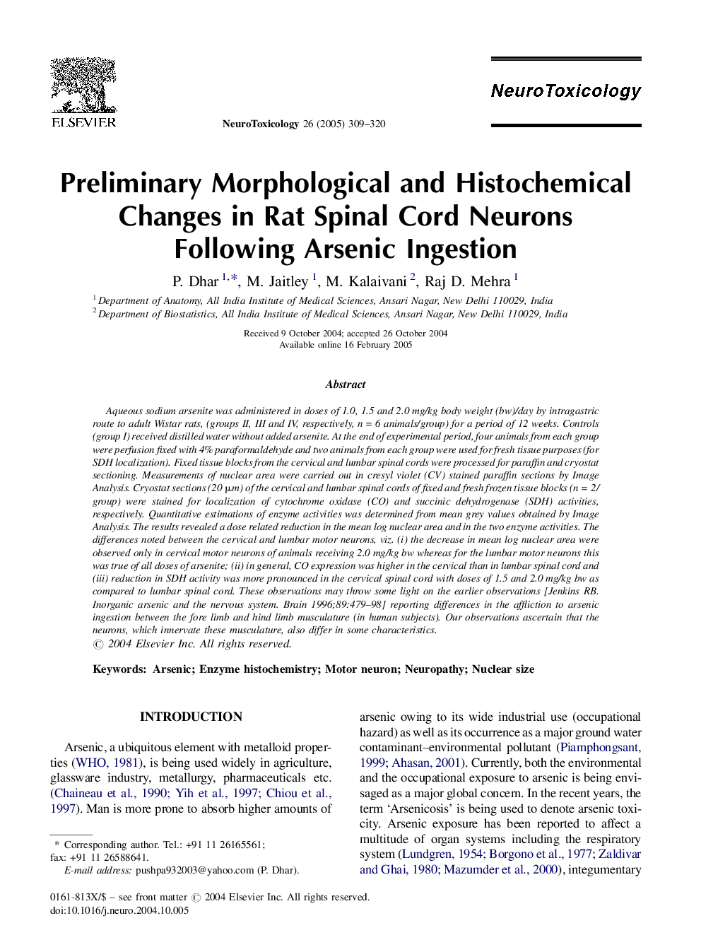 Preliminary Morphological and Histochemical Changes in Rat Spinal Cord Neurons Following Arsenic Ingestion