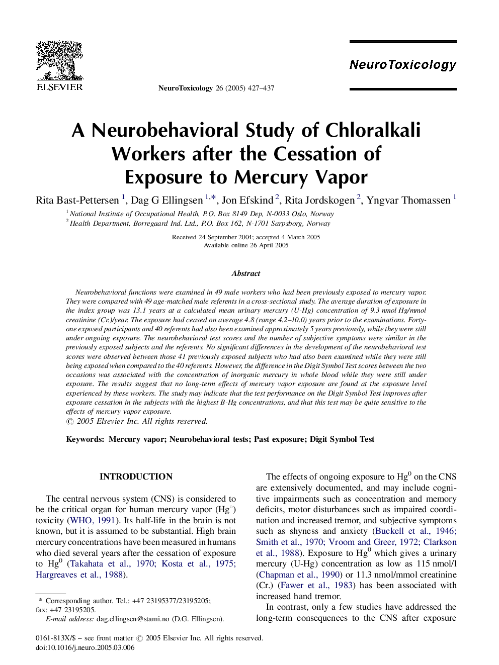 A Neurobehavioral Study of Chloralkali Workers after the Cessation of Exposure to Mercury Vapor