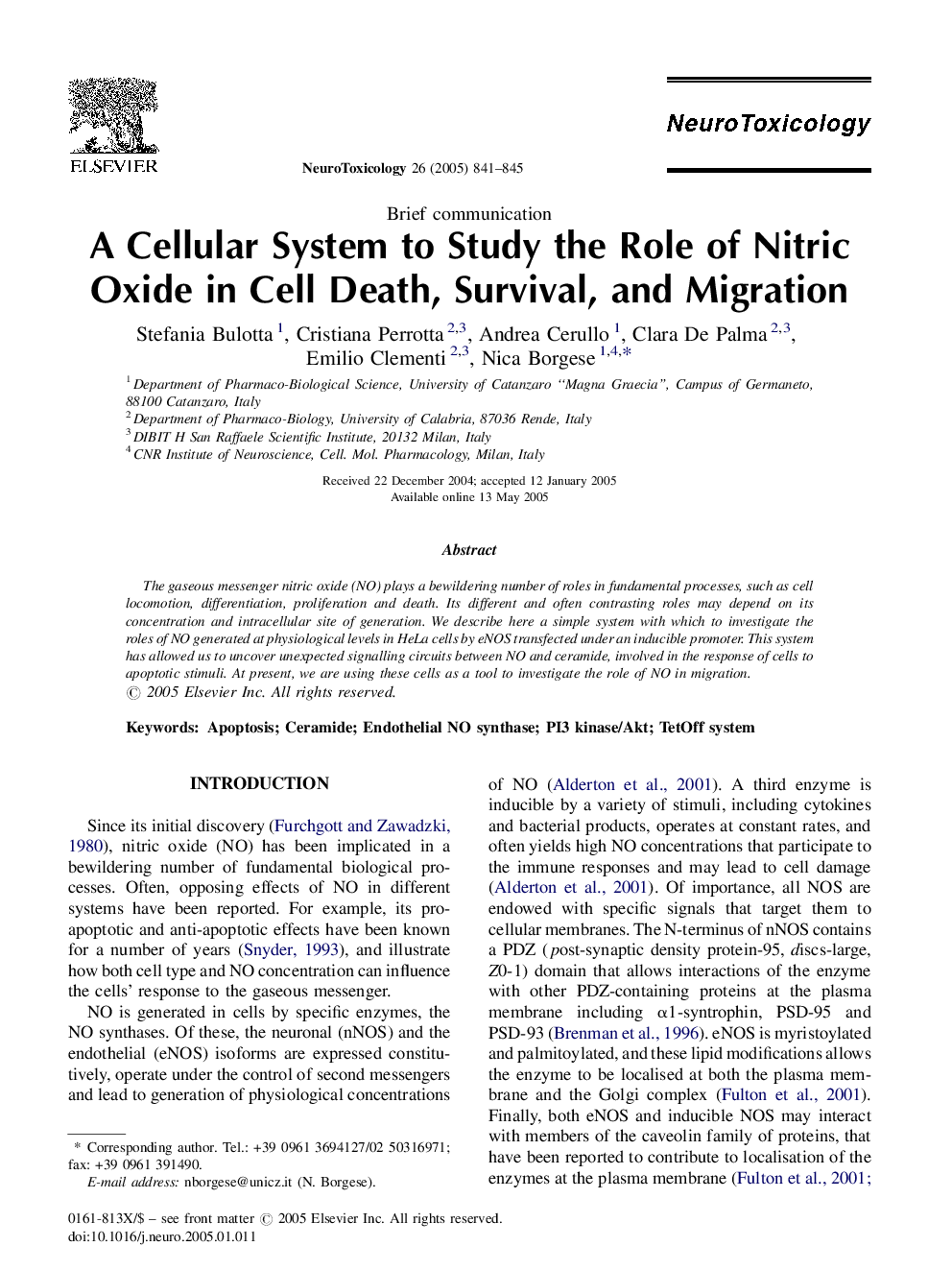 A Cellular System to Study the Role of Nitric Oxide in Cell Death, Survival, and Migration