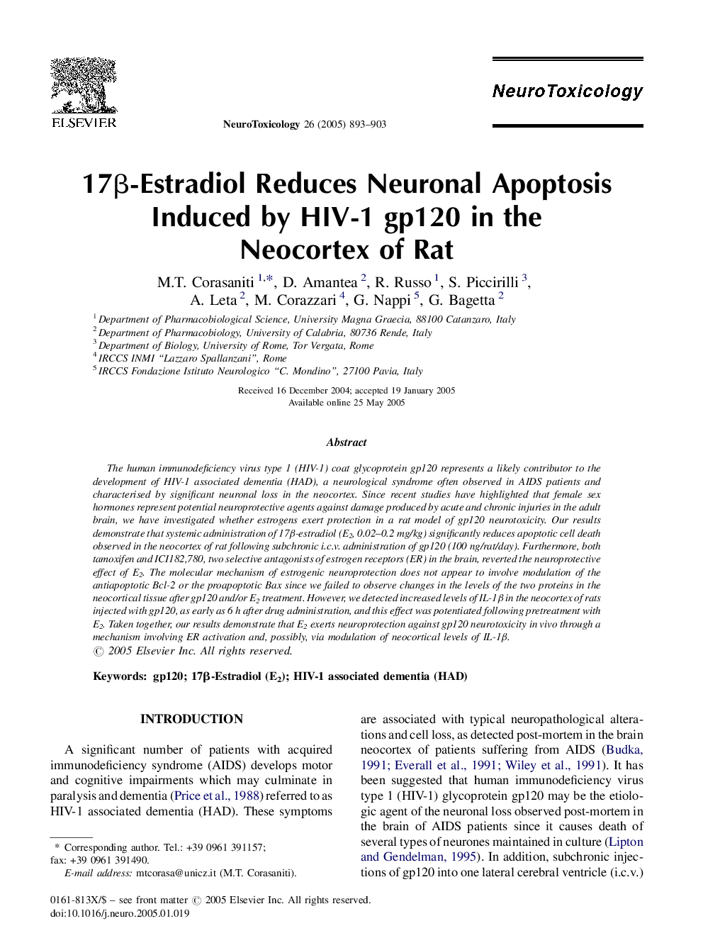 17Î²-Estradiol Reduces Neuronal Apoptosis Induced by HIV-1 gp120 in the Neocortex of Rat