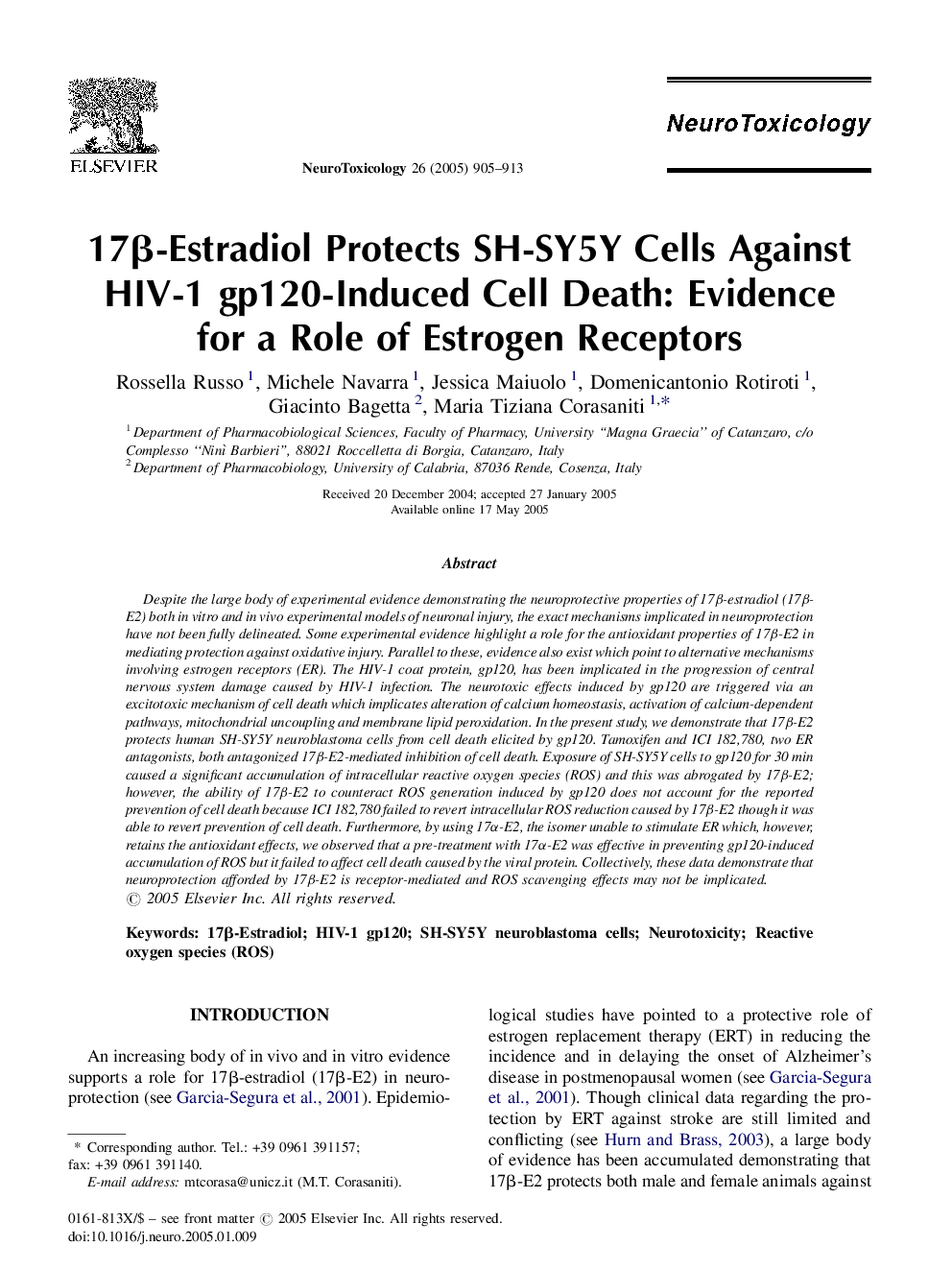 17Î²-Estradiol Protects SH-SY5Y Cells Against HIV-1 gp120-Induced Cell Death: Evidence for a Role of Estrogen Receptors