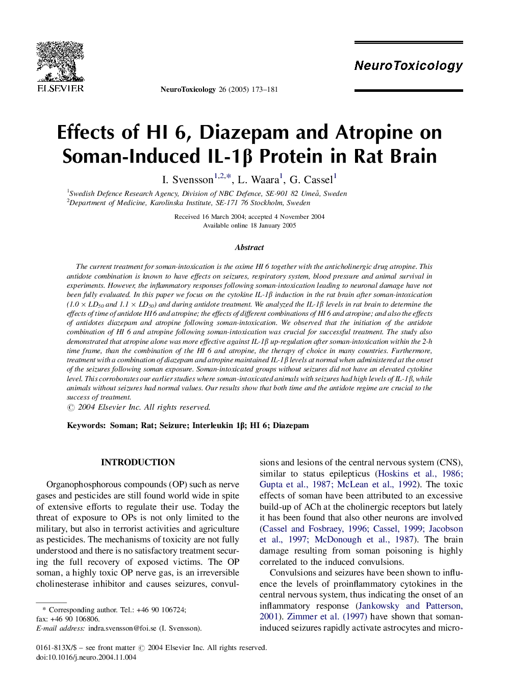 Effects of HI 6, Diazepam and Atropine on Soman-Induced IL-1Î² Protein in Rat Brain