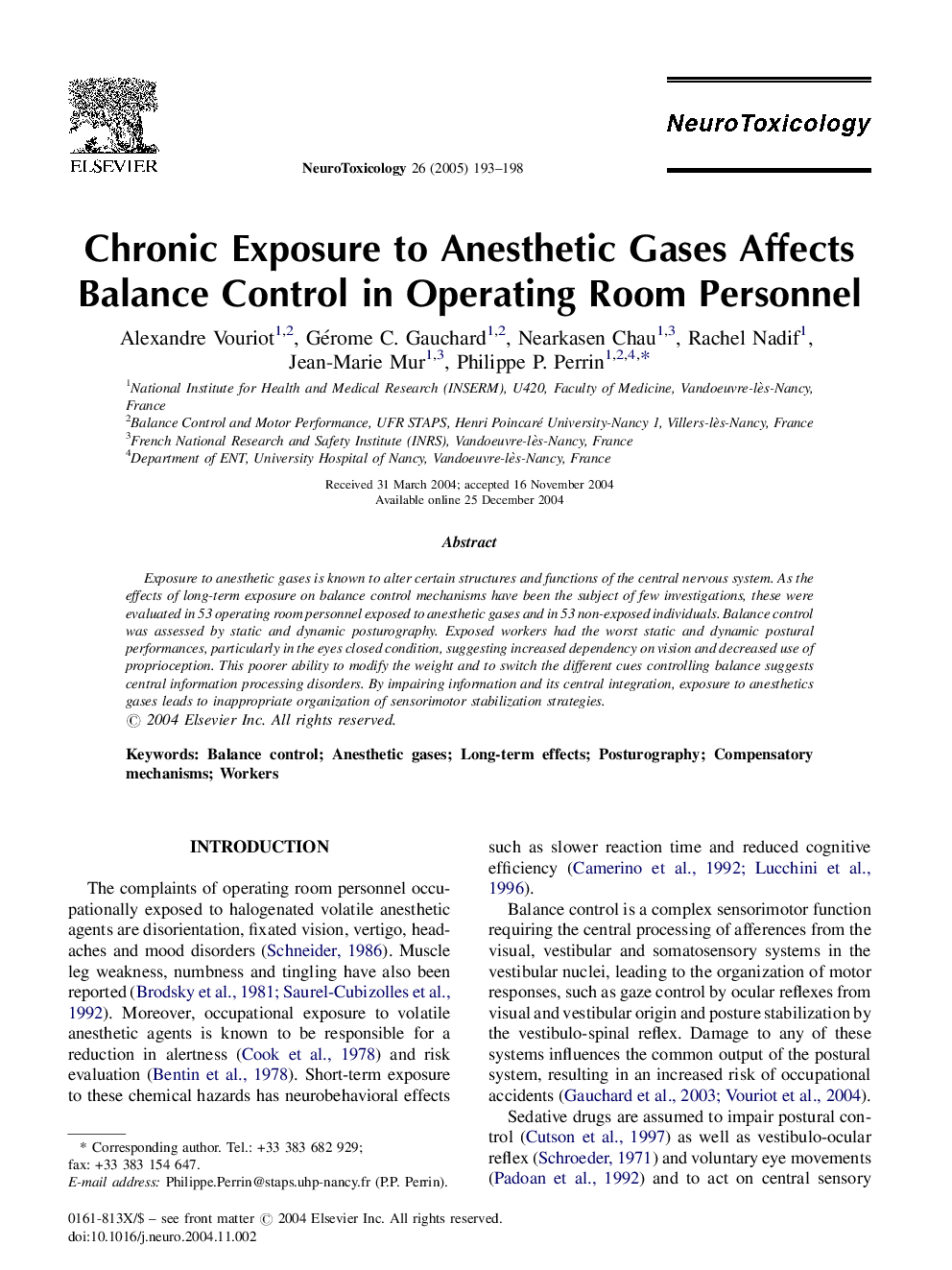 Chronic Exposure to Anesthetic Gases Affects Balance Control in Operating Room Personnel