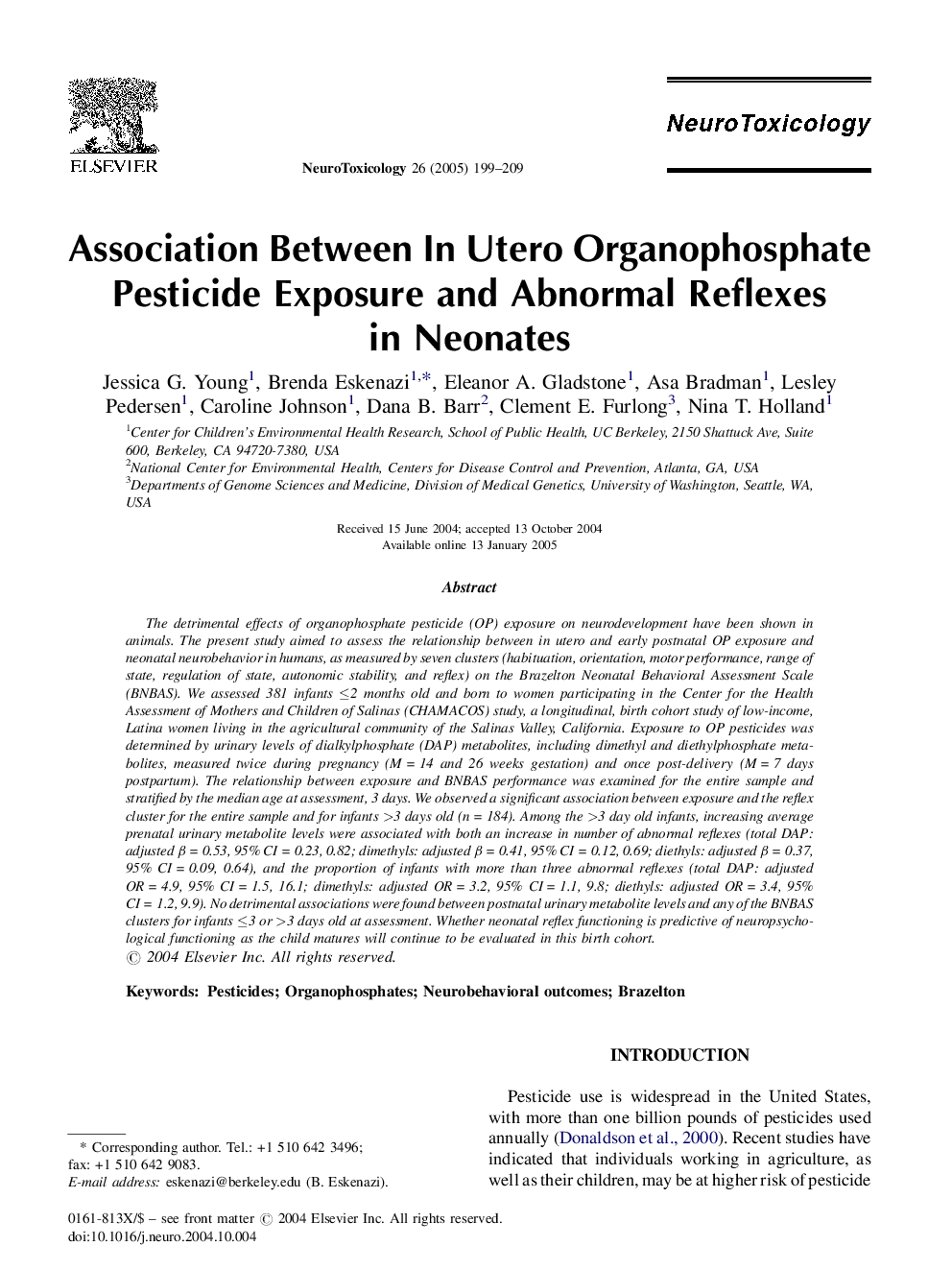 Association Between In Utero Organophosphate Pesticide Exposure and Abnormal Reflexes in Neonates