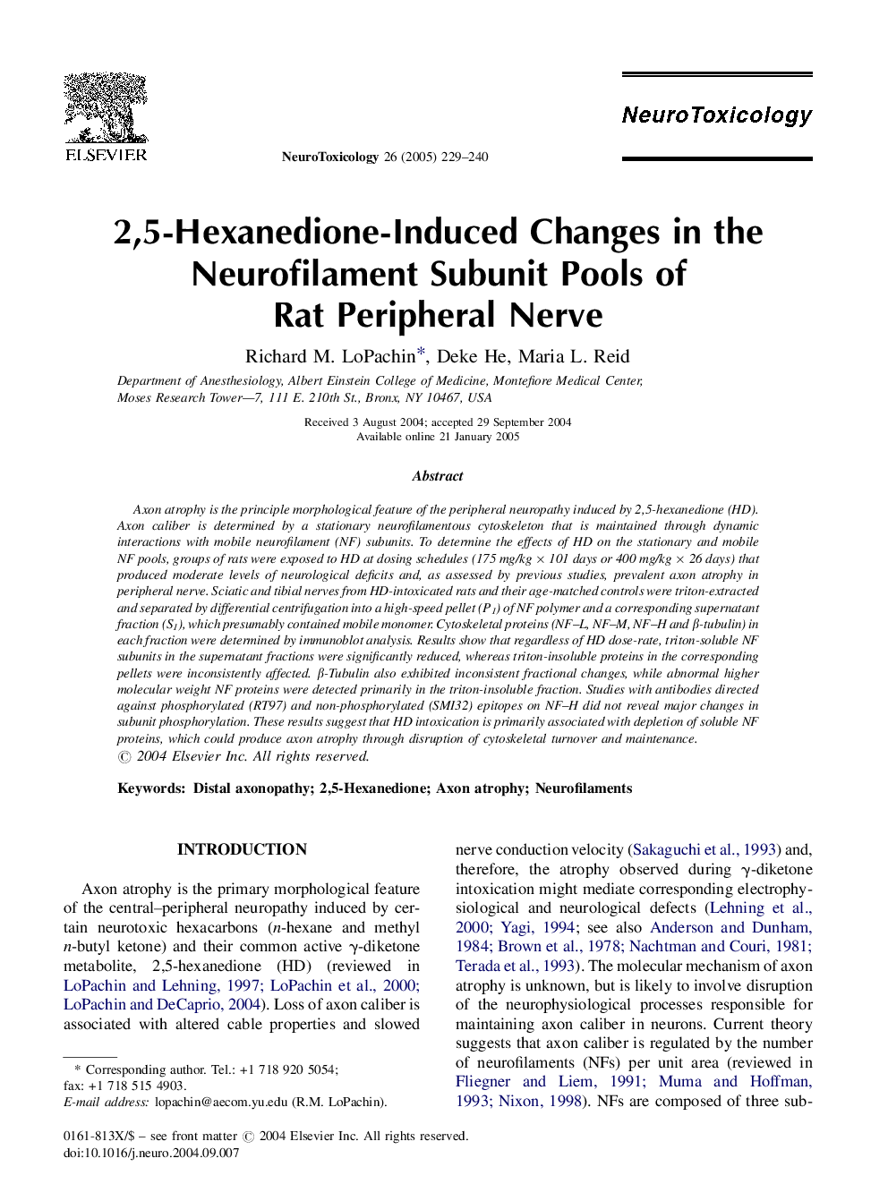 2,5-Hexanedione-Induced Changes in the Neurofilament Subunit Pools of Rat Peripheral Nerve