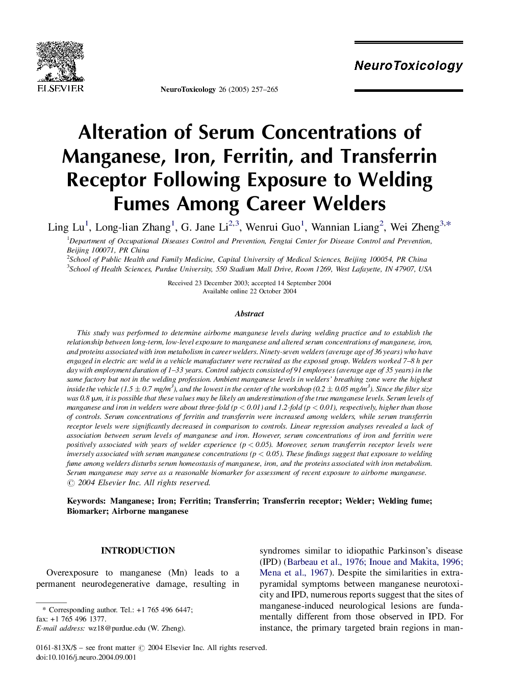 Alteration of Serum Concentrations of Manganese, Iron, Ferritin, and Transferrin Receptor Following Exposure to Welding Fumes Among Career Welders