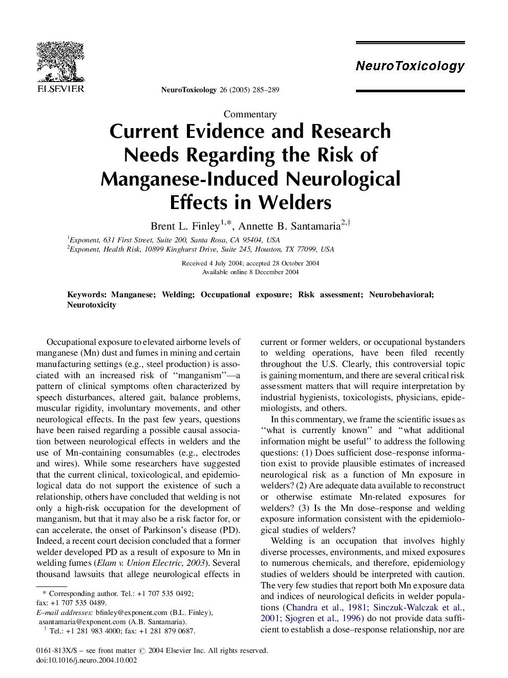 Current Evidence and Research Needs Regarding the Risk of Manganese-Induced Neurological Effects in Welders