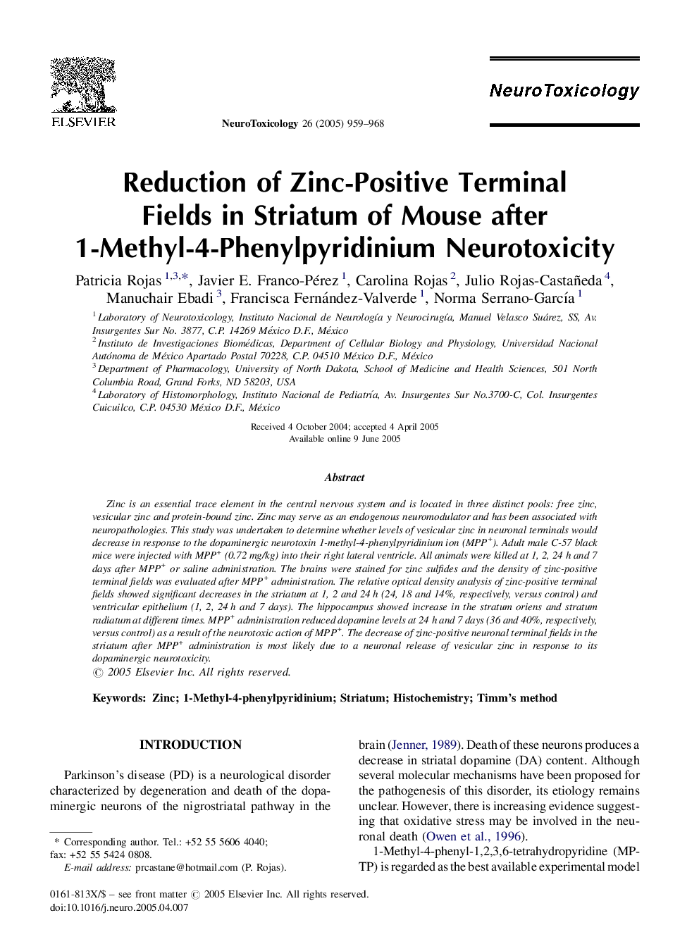 عکس صفحه اول مقاله: Reduction of Zinc-Positive Terminal Fields in Striatum of Mouse after 1-Methyl-4-Phenylpyridinium Neurotoxicity Reduction of Zinc-Positive Terminal Fields in Striatum of Mouse after 1-Methyl-4-Phenylpyridinium Neurotoxicity