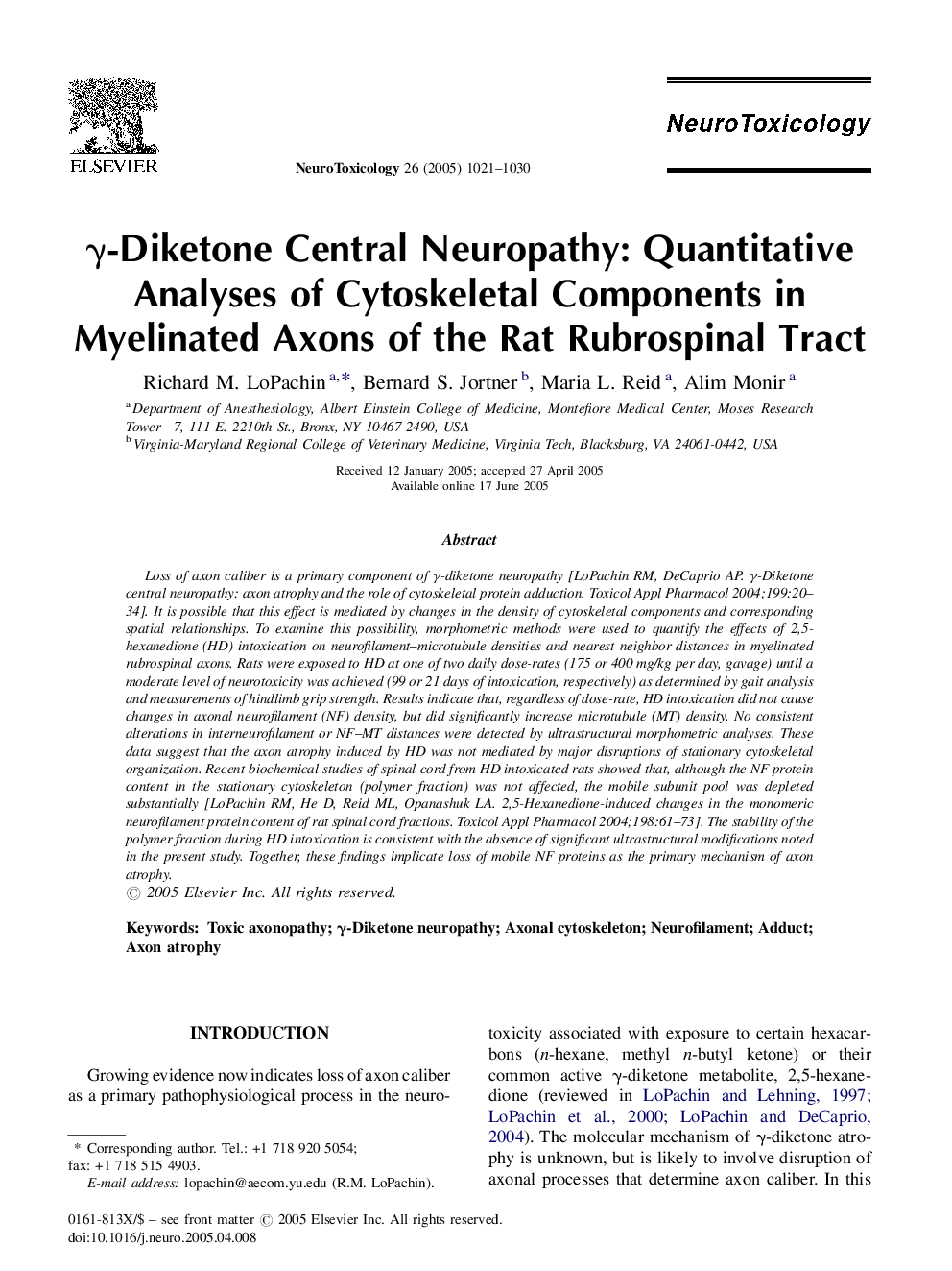 Î³-Diketone Central Neuropathy: Quantitative Analyses of Cytoskeletal Components in Myelinated Axons of the Rat Rubrospinal Tract