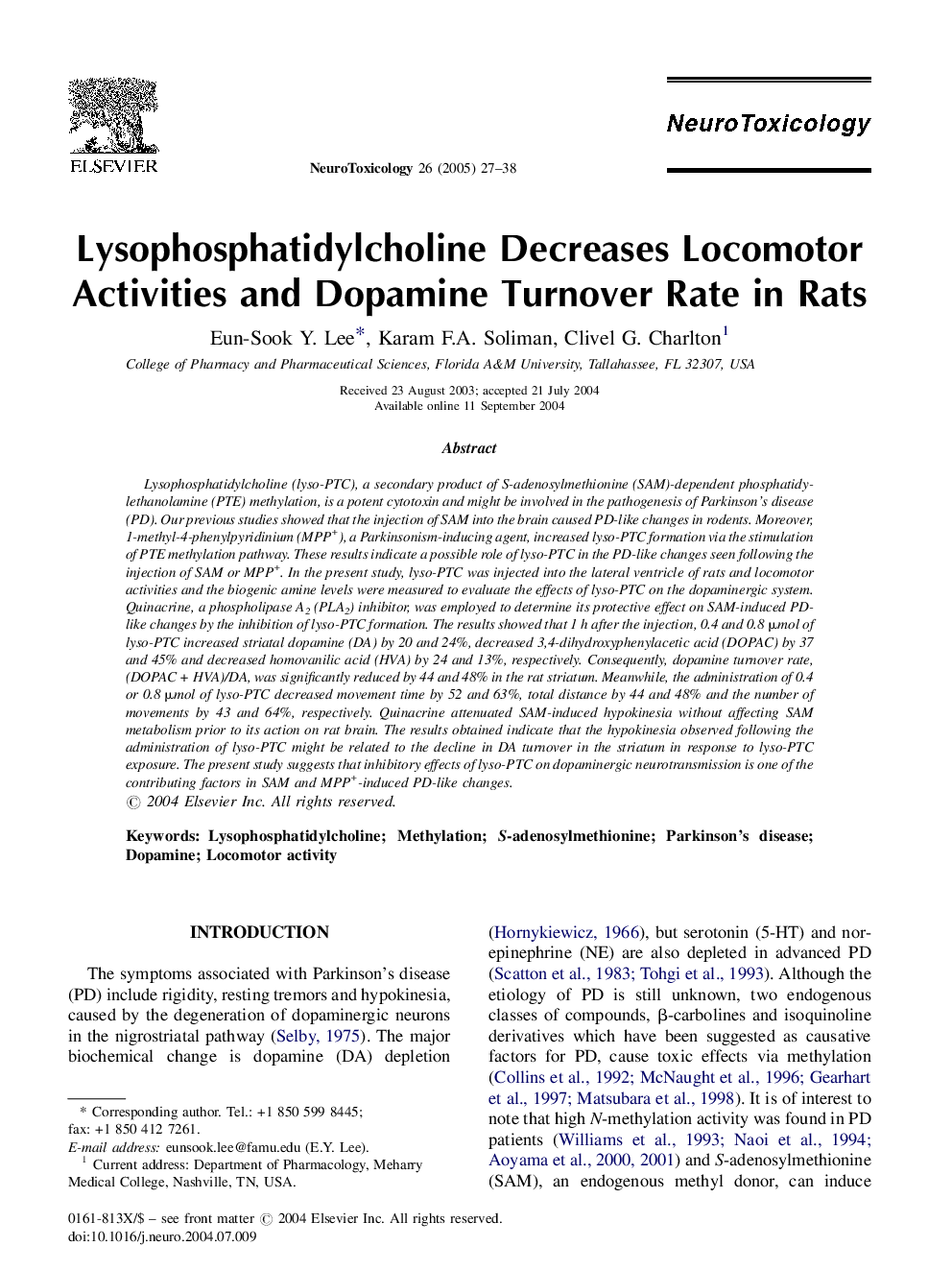 Lysophosphatidylcholine Decreases Locomotor Activities and Dopamine Turnover Rate in Rats