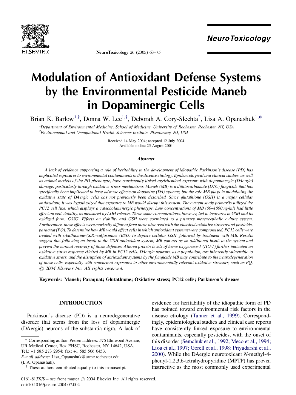 Modulation of Antioxidant Defense Systems by the Environmental Pesticide Maneb in Dopaminergic Cells