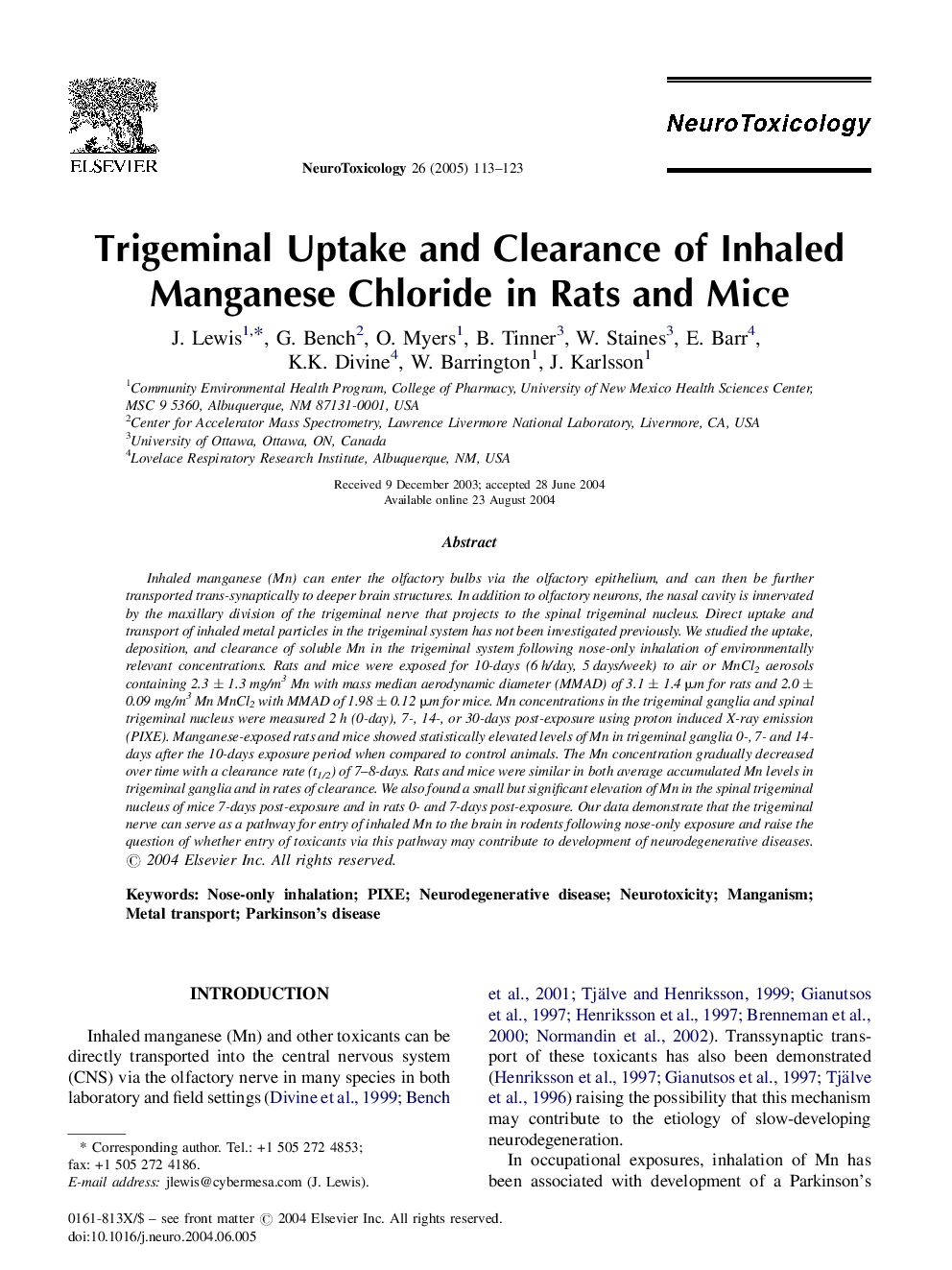 Trigeminal Uptake and Clearance of Inhaled Manganese Chloride in Rats and Mice