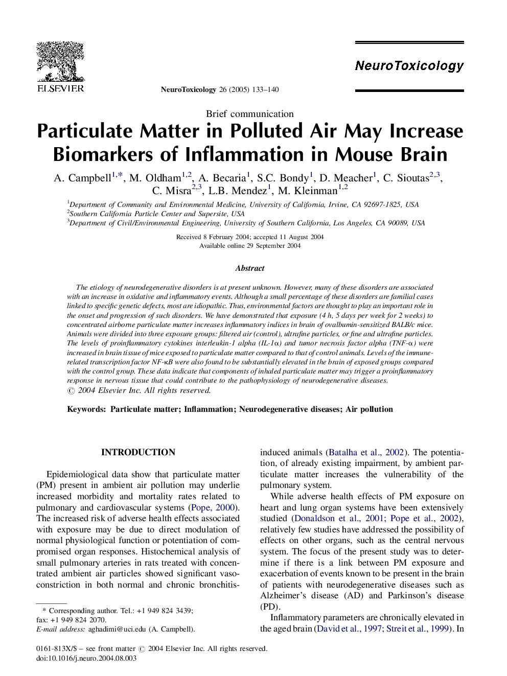 Particulate Matter in Polluted Air May Increase Biomarkers of Inflammation in Mouse Brain