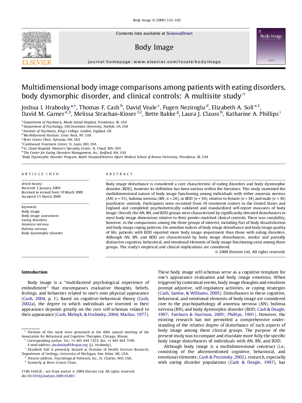 Multidimensional body image comparisons among patients with eating disorders, body dysmorphic disorder, and clinical controls: A multisite study 