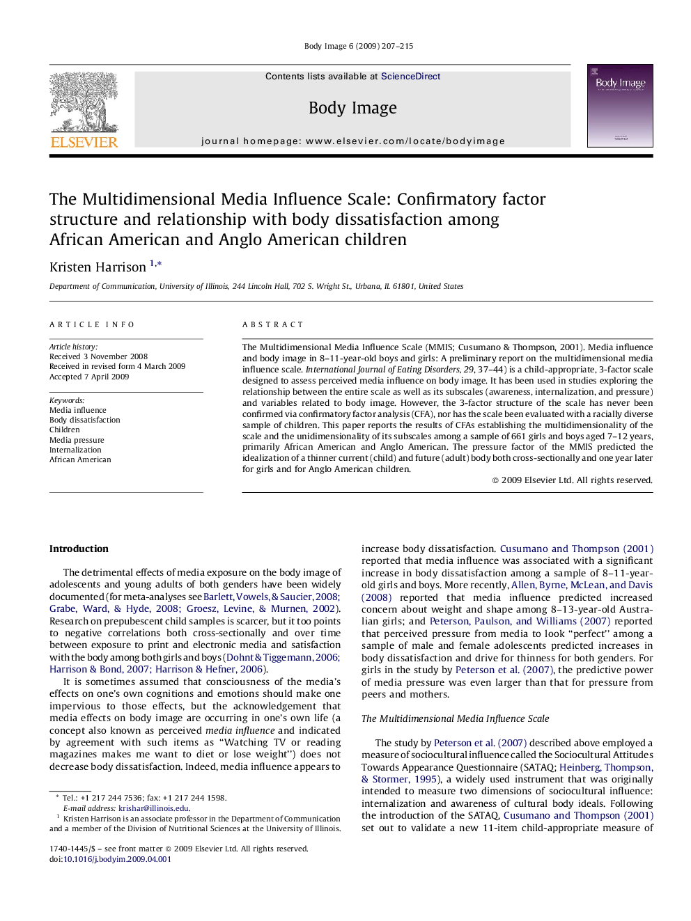 The Multidimensional Media Influence Scale: Confirmatory factor structure and relationship with body dissatisfaction among African American and Anglo American children