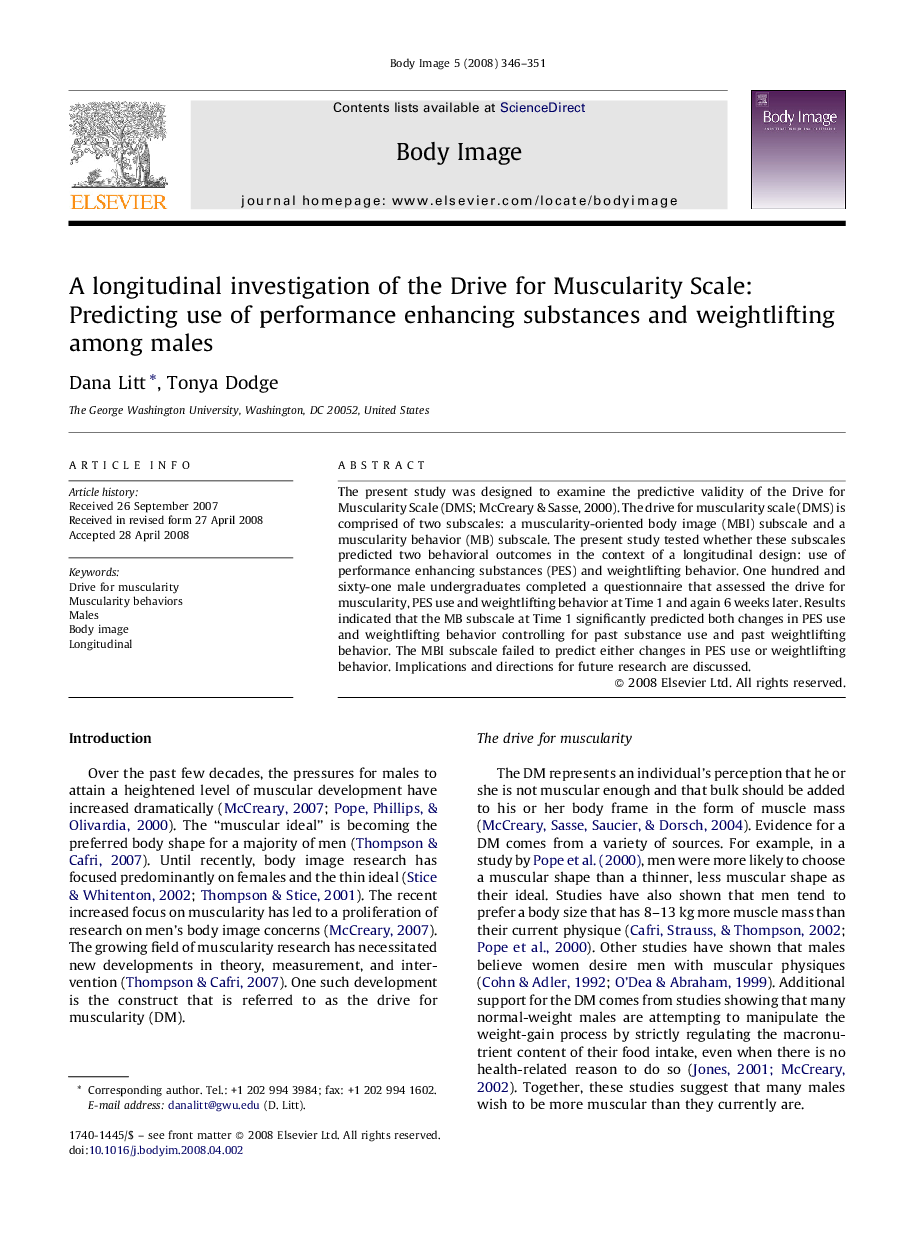 A longitudinal investigation of the Drive for Muscularity Scale: Predicting use of performance enhancing substances and weightlifting among males