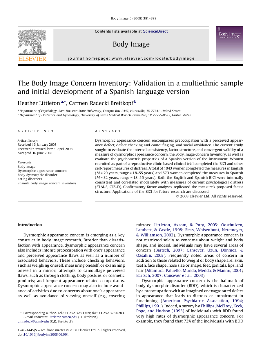 The Body Image Concern Inventory: Validation in a multiethnic sample and initial development of a Spanish language version