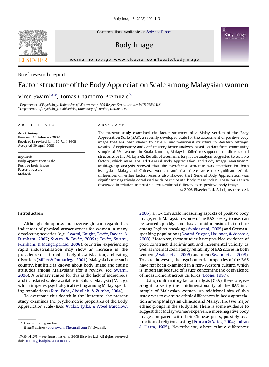 Factor structure of the Body Appreciation Scale among Malaysian women